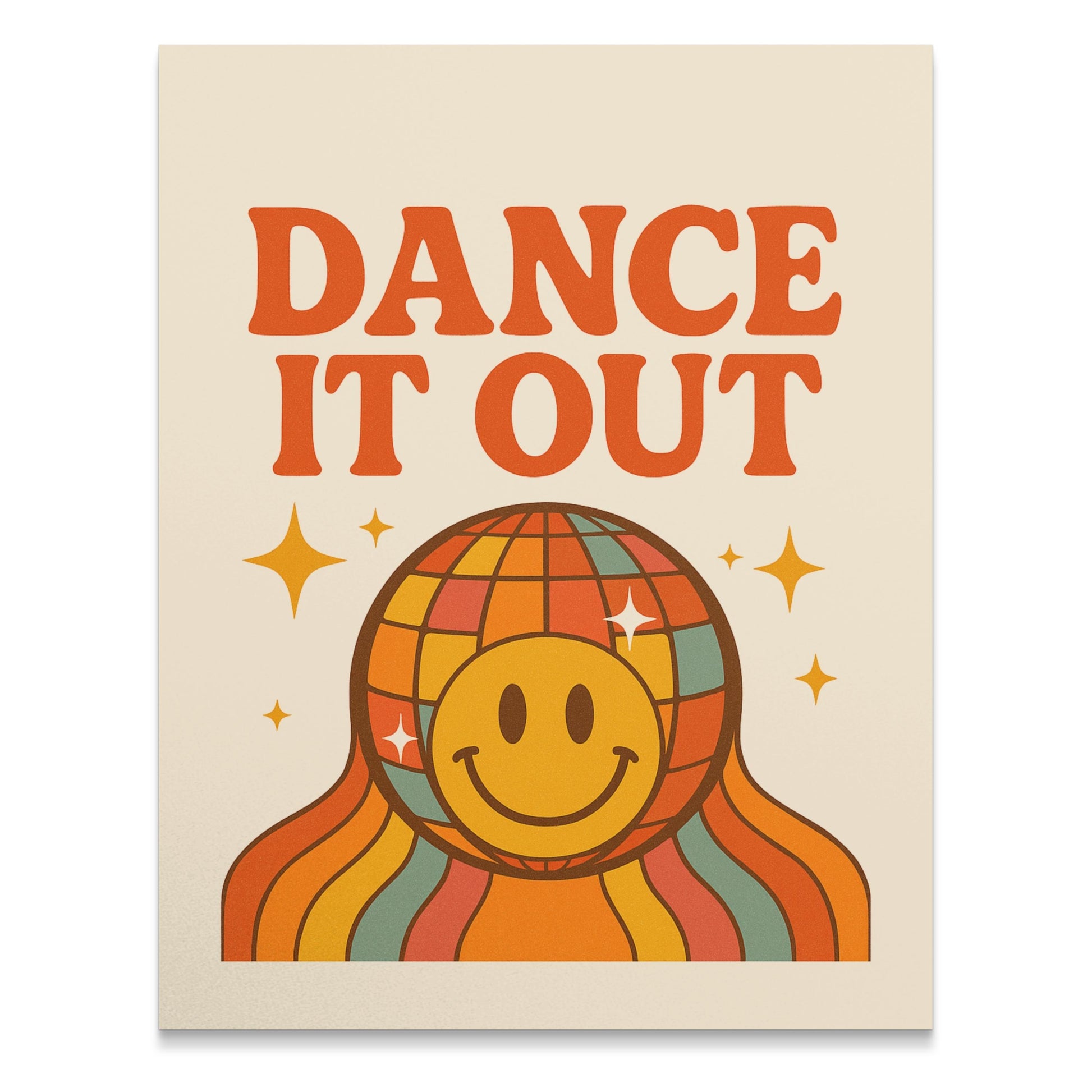Vintage Dance It Out Poster, Retro Smiley Face with Disco Ball, Rainbow Stripes Wall Art, Funky Home Decor, 70s Style Print, Groovy