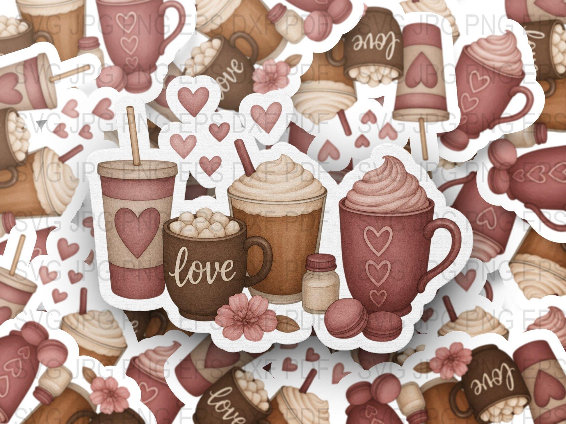 Cute Coffee and Hot Chocolate Mug Stickers, Love Heart Decals, Romantic Drink Theme, Scrapbooking Supplies, Planner Accessories