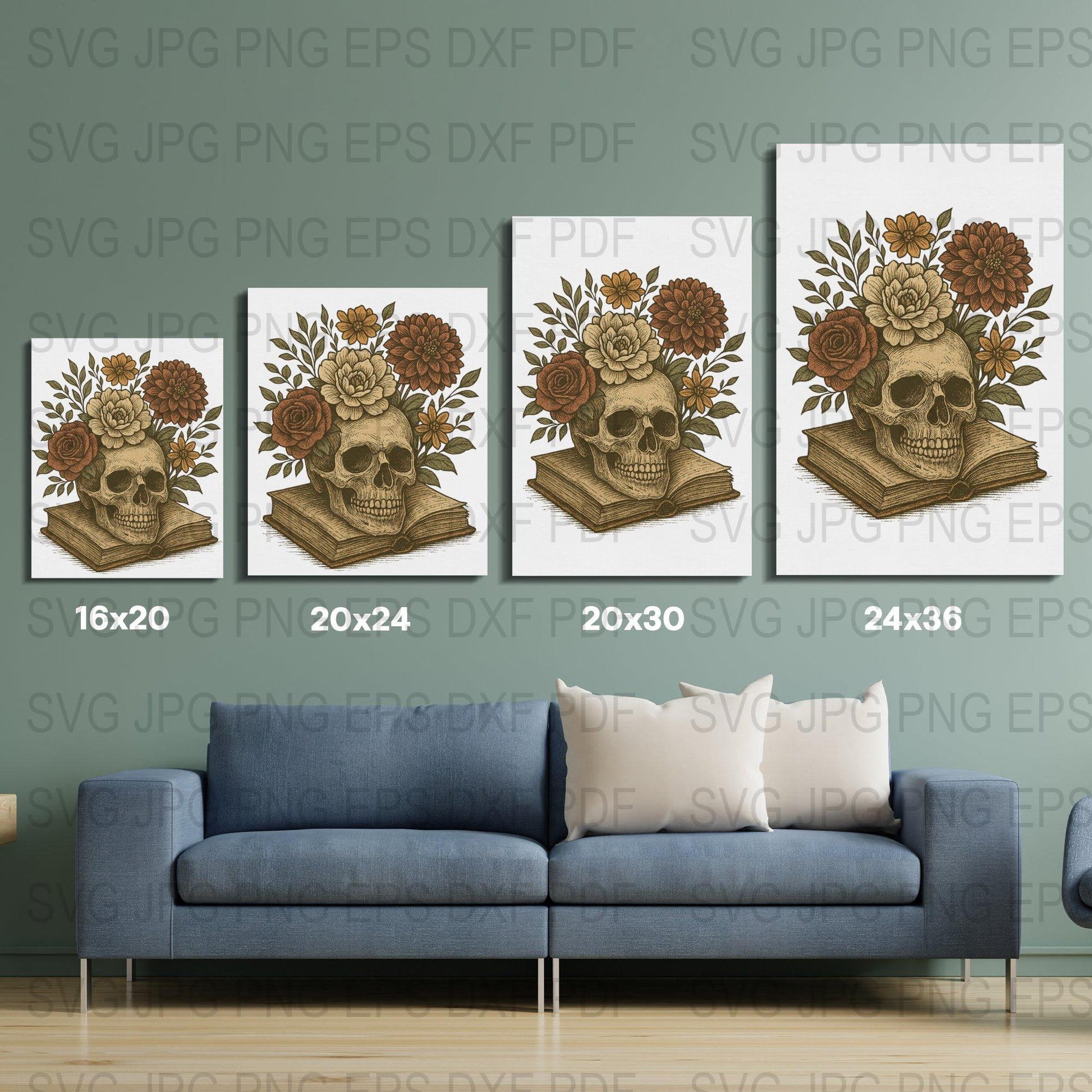 Skull Floral Art Prints, Vintage Book Stack, Gothic Home Decor, Botanical Wall Art, Large Format Sizes Available