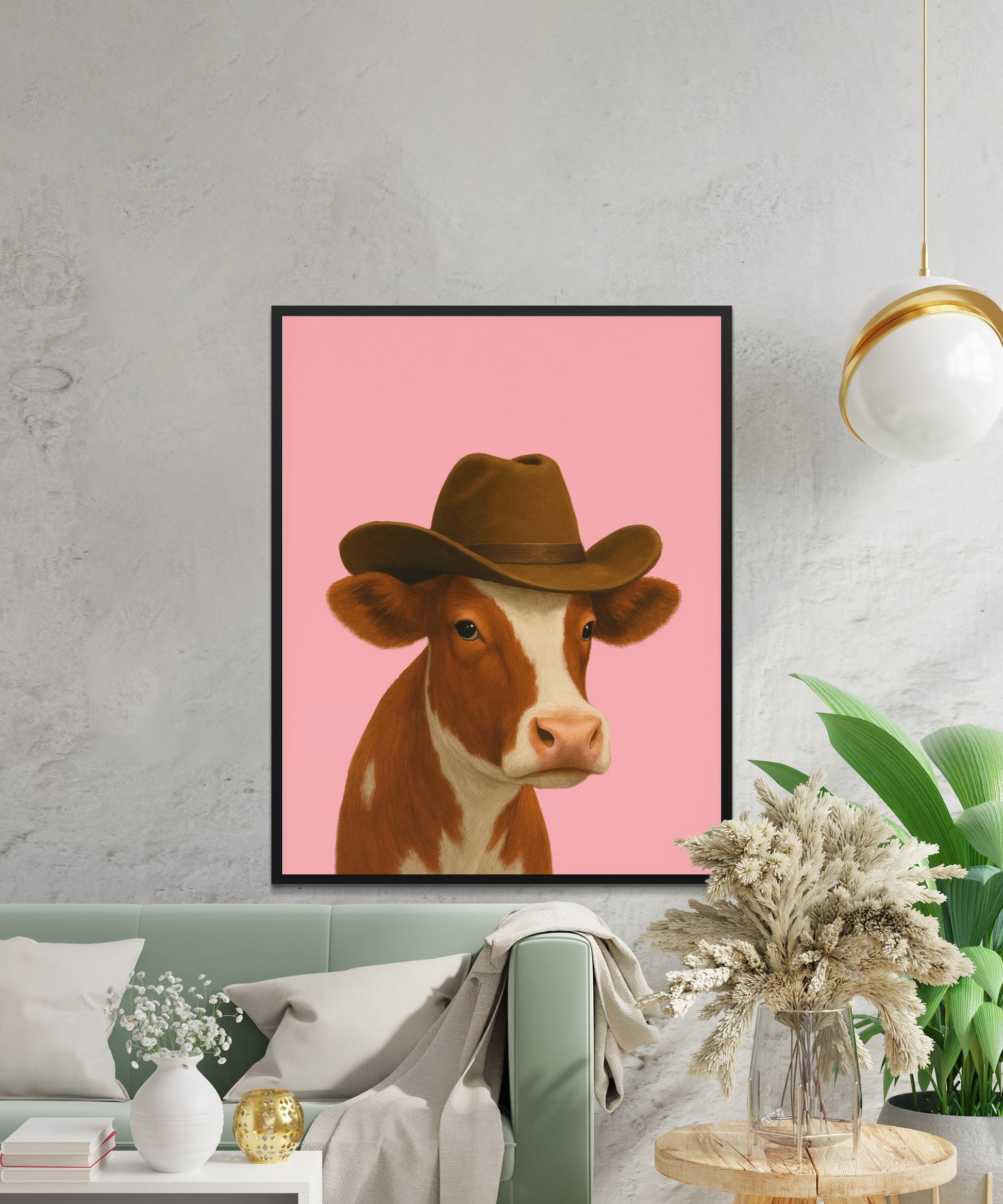 Western Cowboy Hat Cow Art Print, Whimsical Animal Wall Decor, Farmhouse Style Living Room, Pink Background