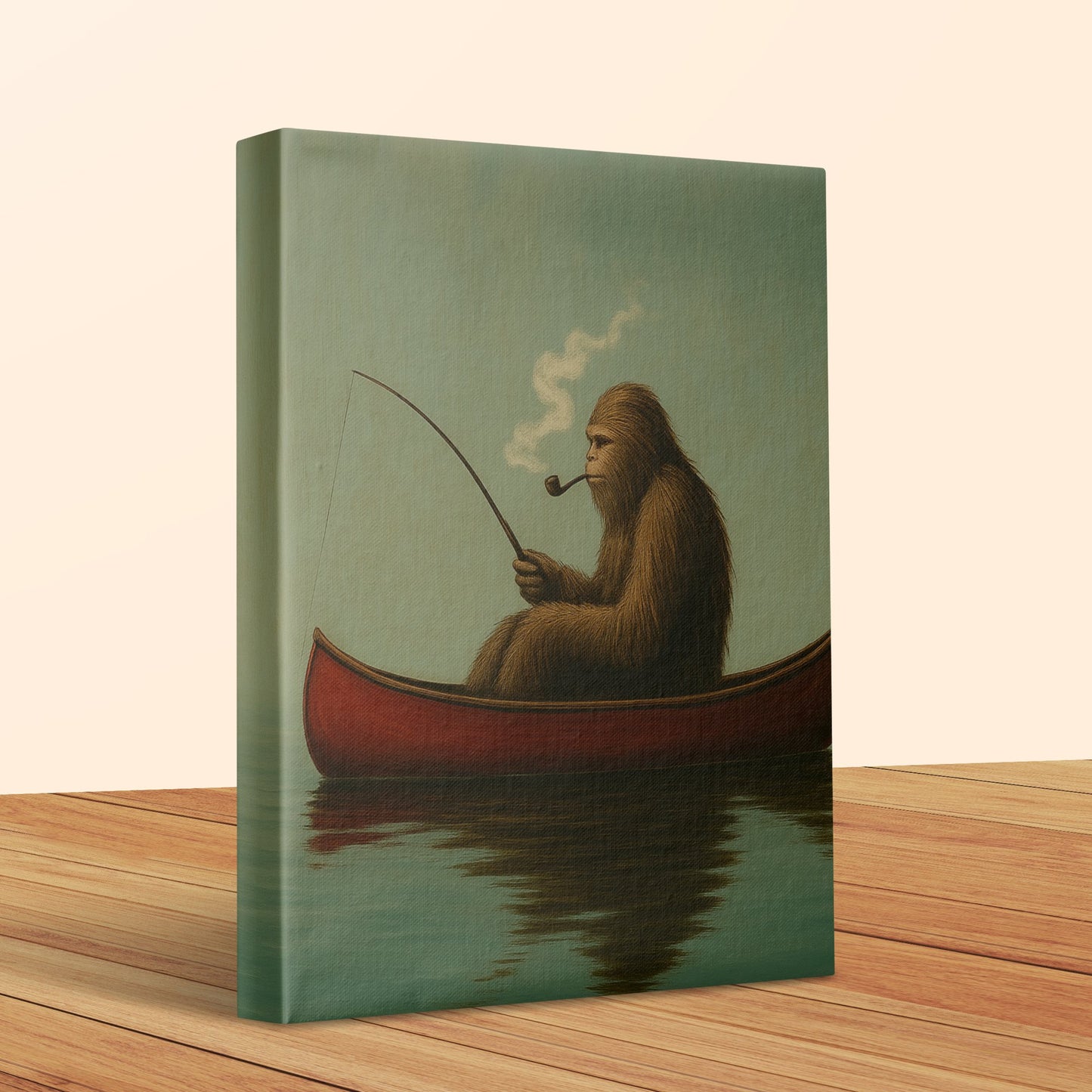 Vintage Style Canvas Print, Bigfoot Fishing in Canoe, Surreal Home Decor, Unique Wall Art, Mystical Creature Artwork, Gift Idea