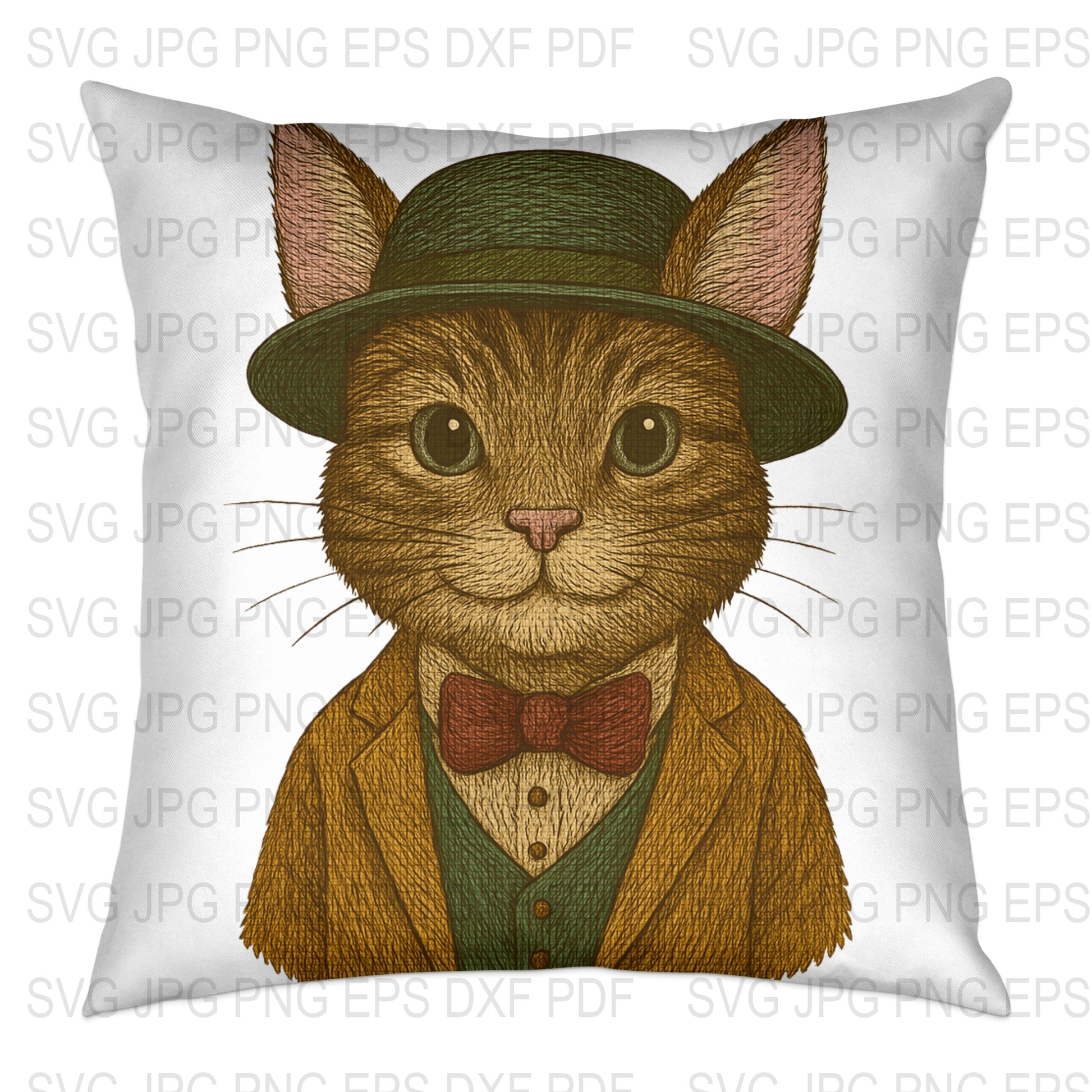 Vintage Cat Art Pillow Cover, Dapper Cat with Hat, Bow Tie, Decorative Throw Pillow, Unique Home Decor, Animal Illustration Cushion
