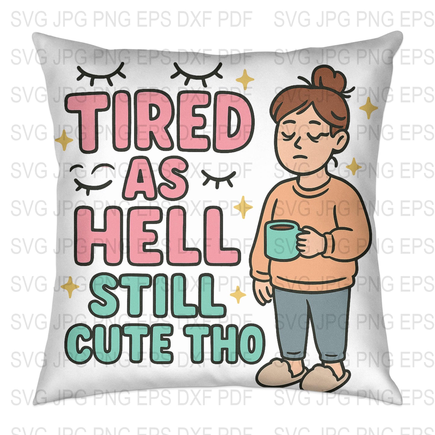 Cute Tired as Hell Pillow, Cartoon Woman with Coffee, Comfy Home Decor, Fun Bedroom Accessory, Gift Idea for Friends