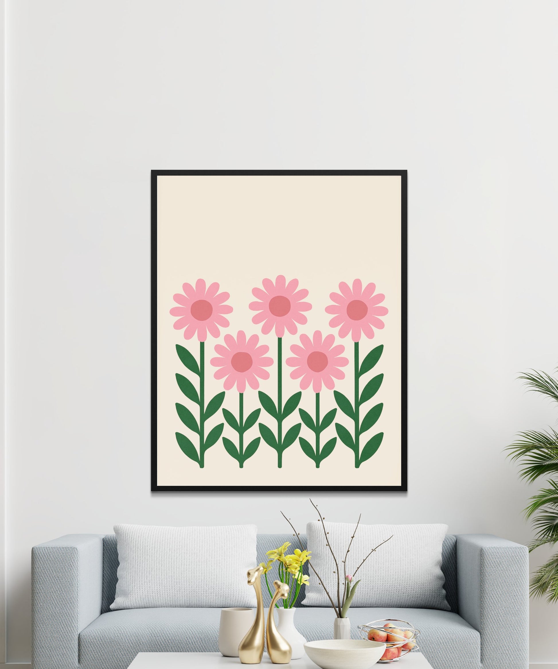 Modern Pink Floral Wall Art Print, Minimalist Flower Poster, Living Room Decor, Botanical Illustration