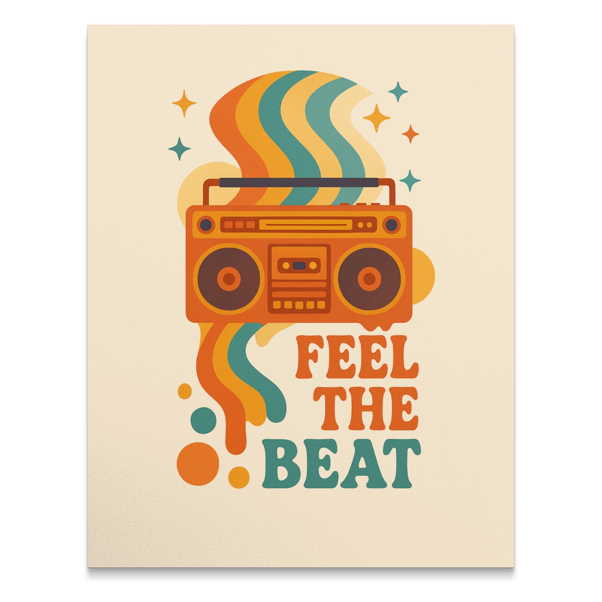 Vintage Boombox Poster, Retro Music Wall Art, Feel The Beat Print, Colorful Home Decor, 80s Nostalgia, Gift for Music Lovers