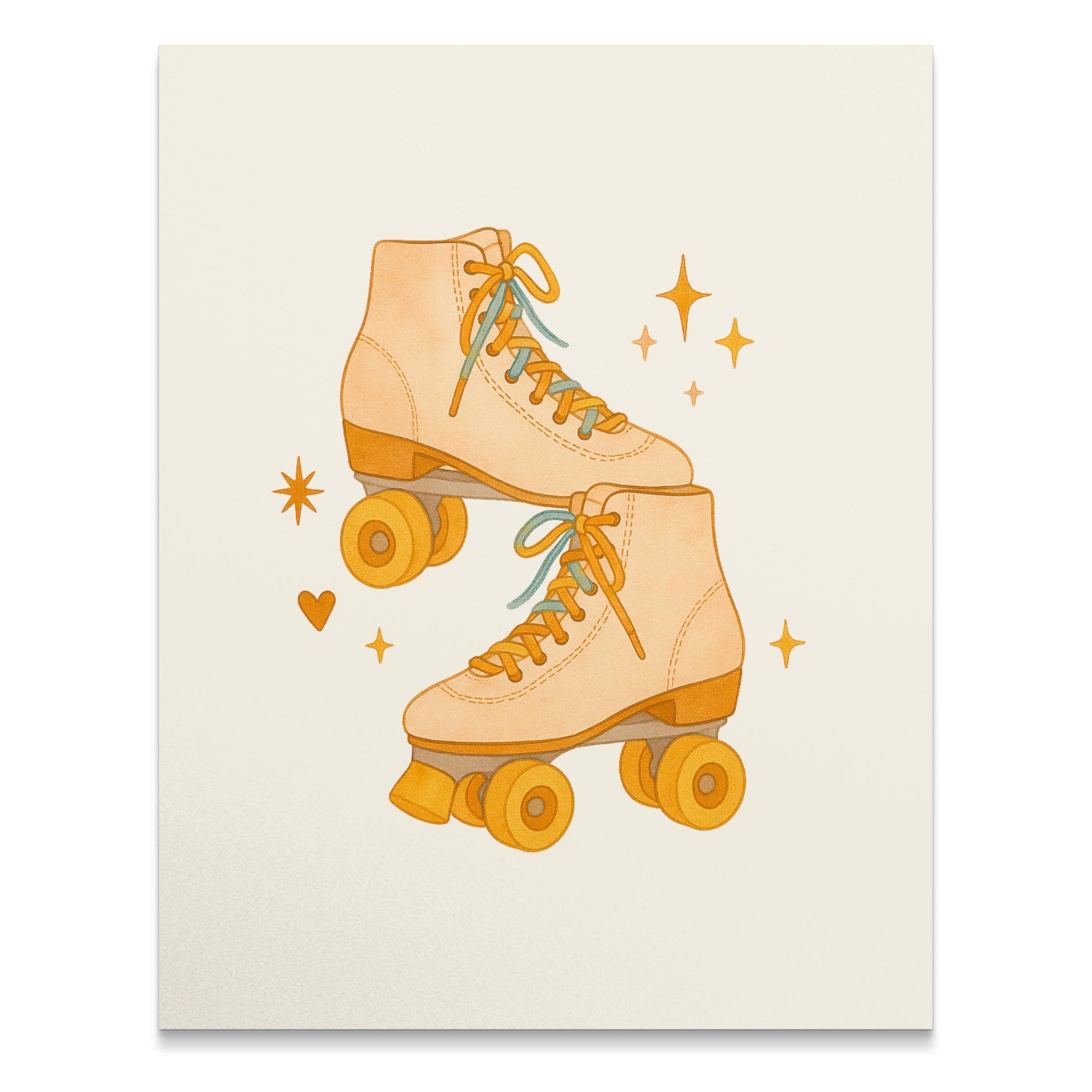 Vintage Style Roller Skates Art Print, Retro Skating Wall Decor, Golden Stars and Heart, Gift Idea
