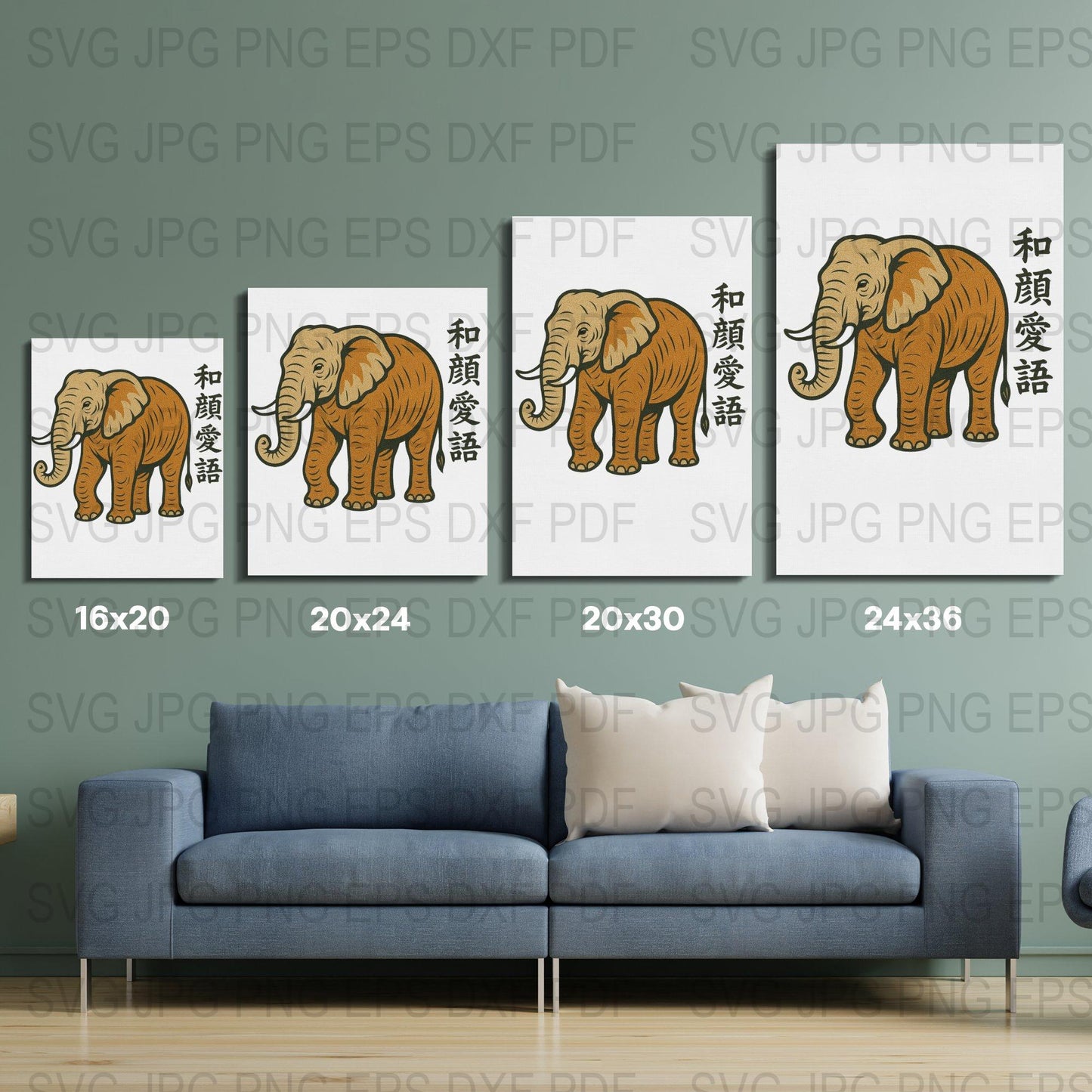 Vintage Elephant Art Decor, Asian Inspired Wall Print, Multiple Sizes, Digital Download SVG JPG