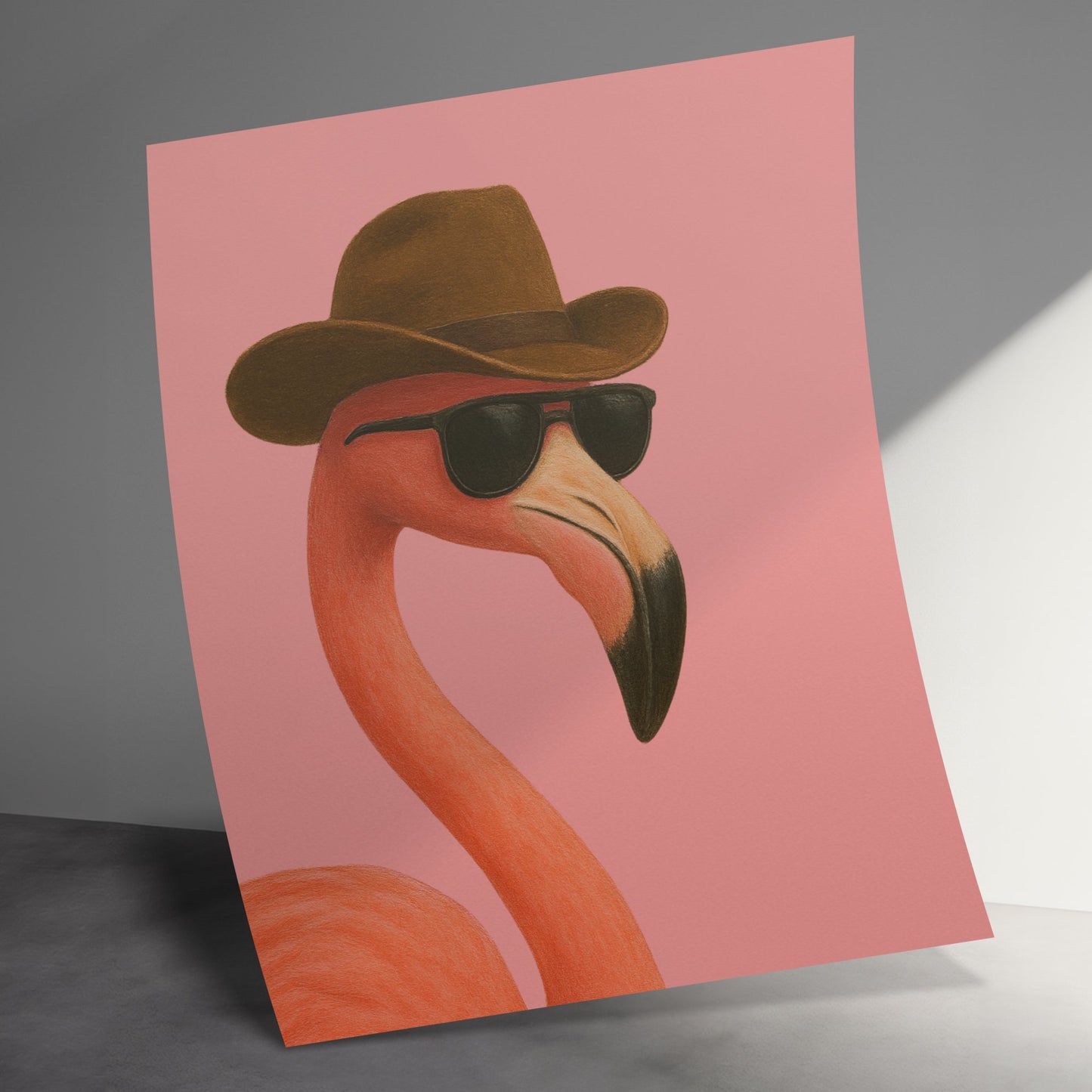 Cool Flamingo with Hat and Sunglasses Art Print, Stylish Bird Wall Decor, Trendy Home Decoration