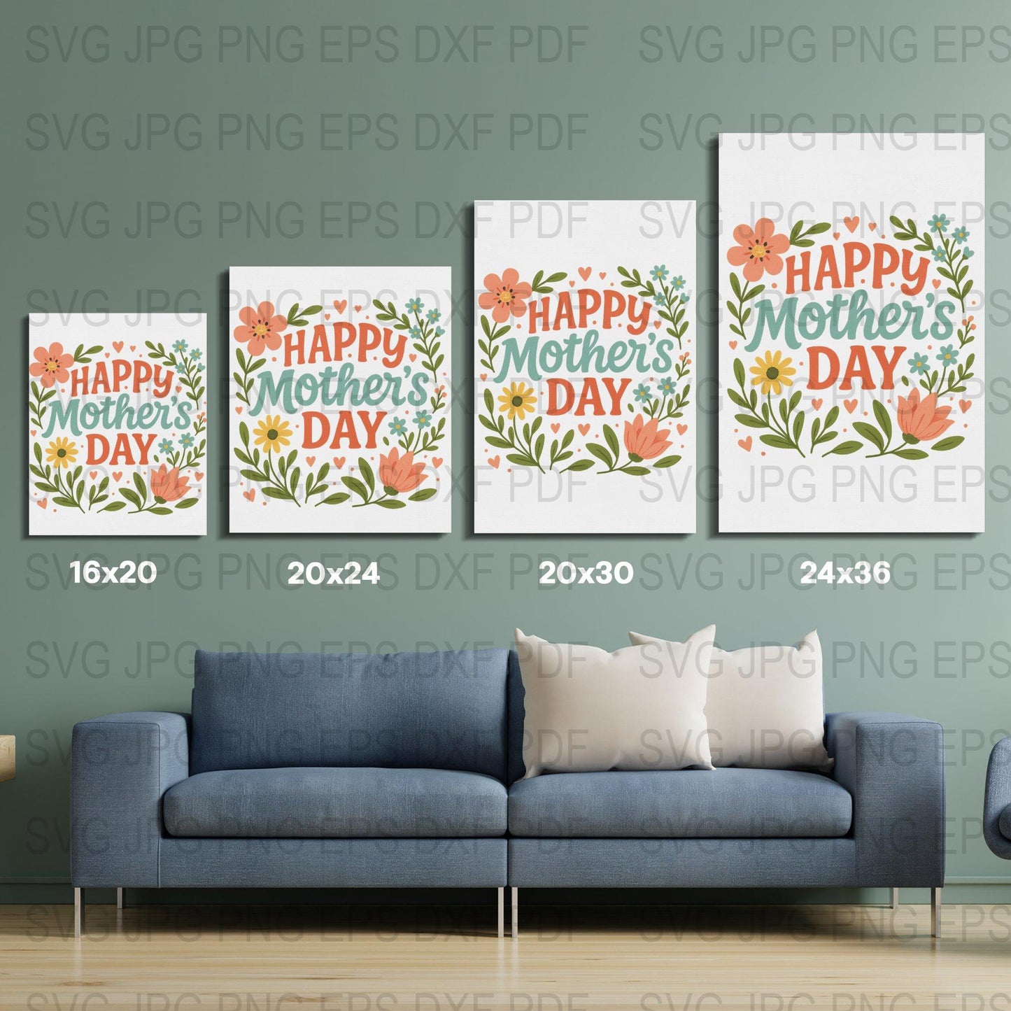 Happy Mother's Day Floral Wall Art Print, Digital Download, Home Decor Gift, 16x20 20x24 20x30 24x36 Sizes Available