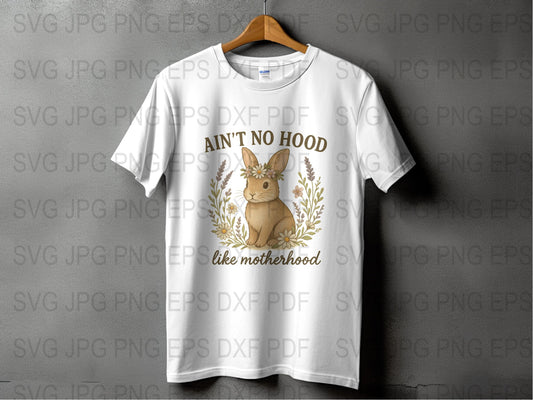 Motherhood Quote T-Shirt, Cute Rabbit Design, Floral Wreath, Women's White Graphic Tee, Gift for Moms