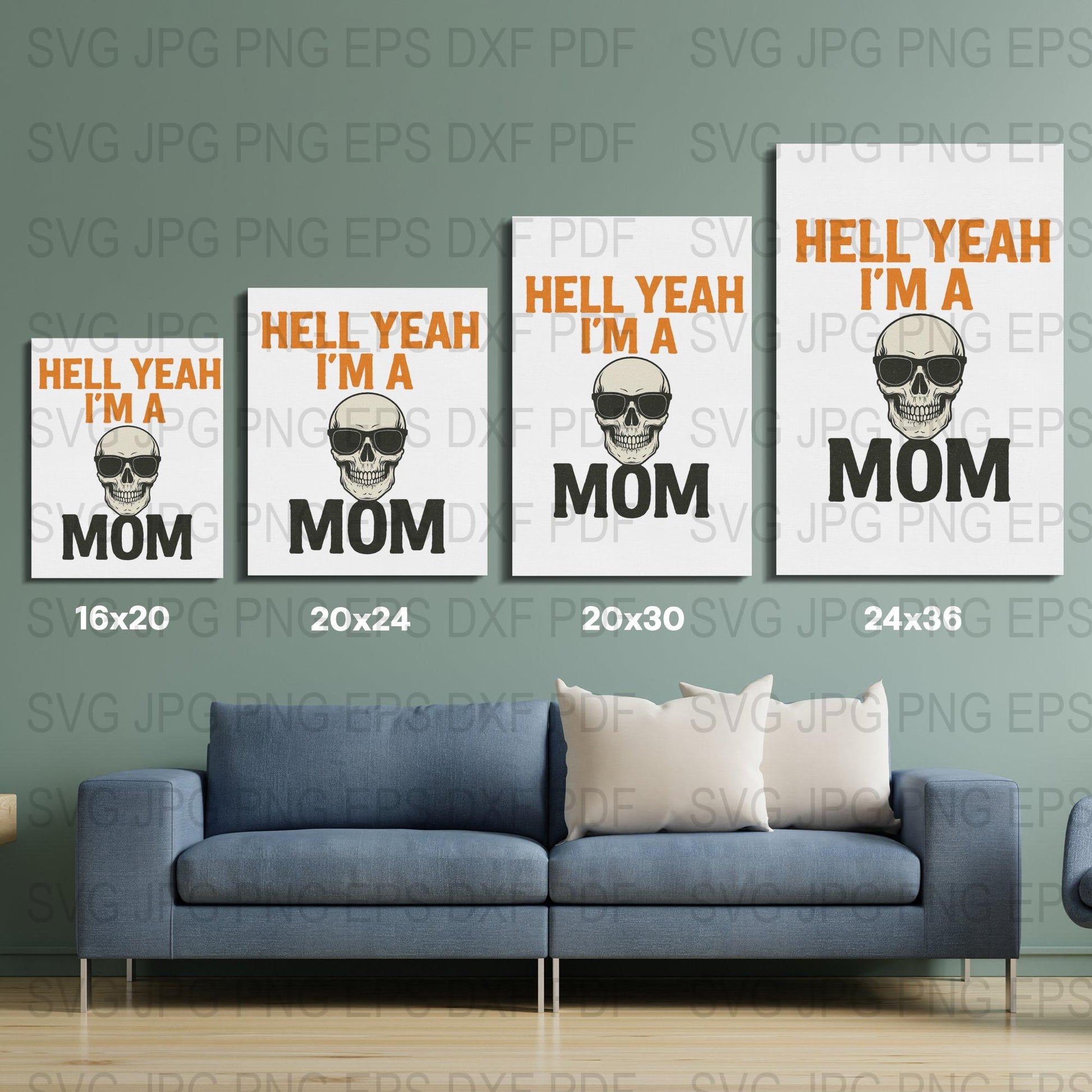 Hell Yeah I'm a Mom Skull Print Wall Art Set, Modern Home Decor, Digital Download Files in Multiple Sizes