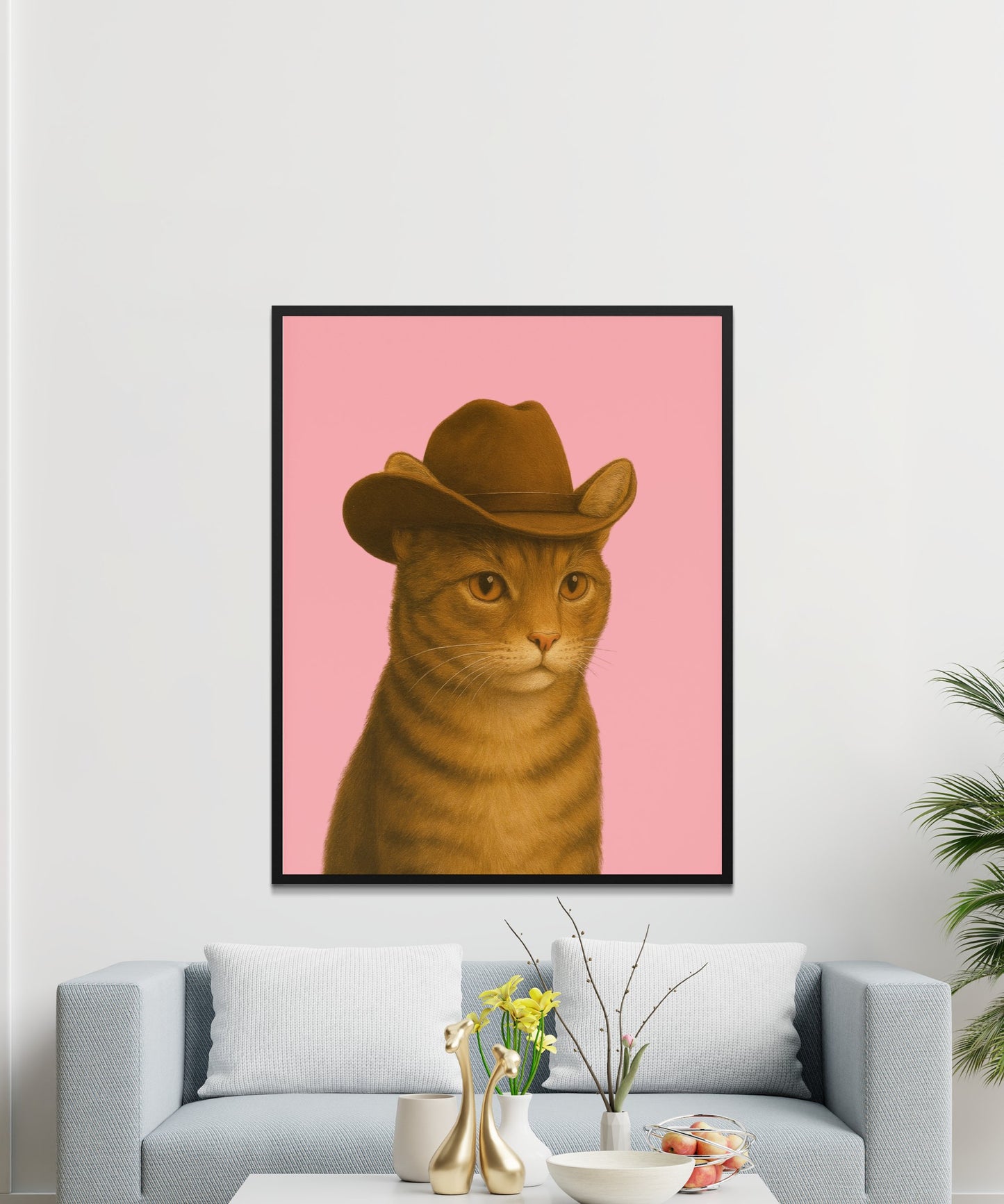 Cat in Hat Art Print, Whimsical Tabby Cat Poster, Modern Wall Art, Animal Themed Home Decor