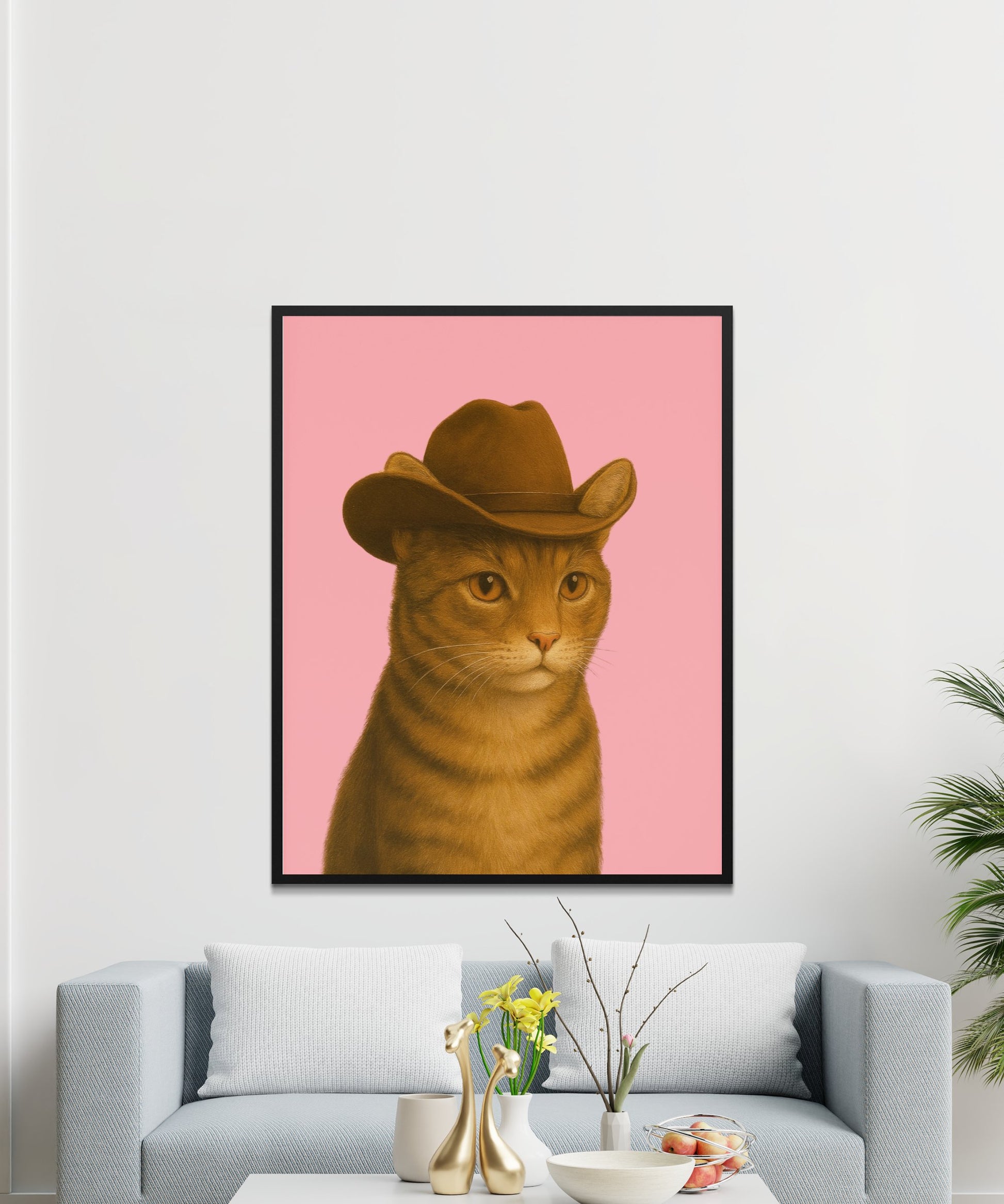 Cat in Hat Art Print, Whimsical Tabby Cat Poster, Modern Wall Art, Animal Themed Home Decor