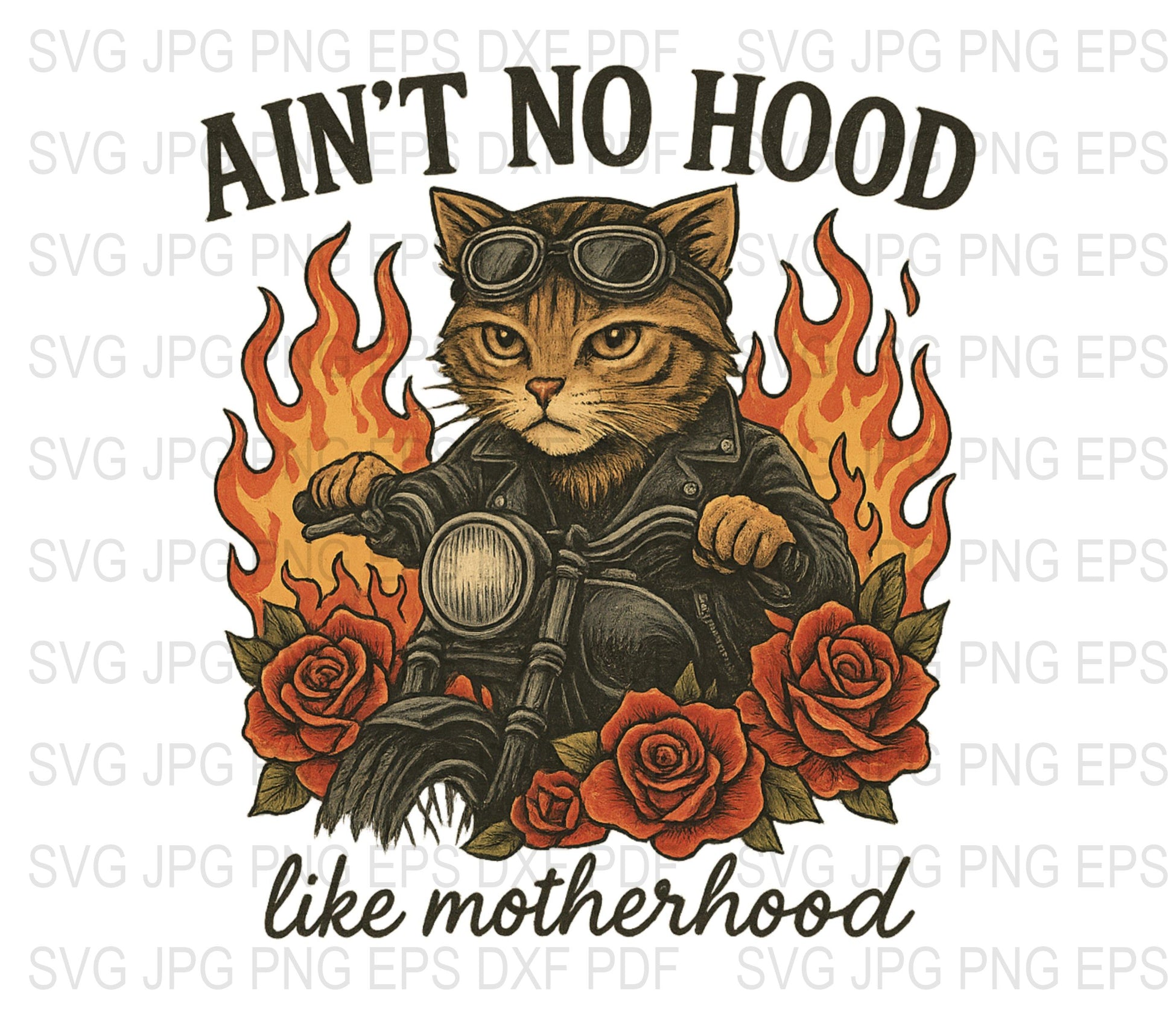 Cat Biker Graphic T-Shirt, Cool Mom Biker Cat with Roses and Flames, Vintage Style Cat Lover Shirt, Funny Cat Mom Tee, Unique Gift Idea