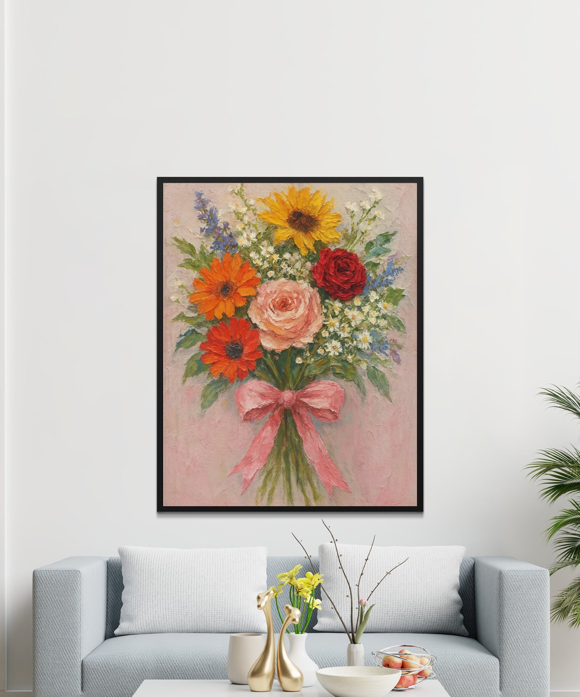 Floral Art Print, Vintage Flower Bouquet Painting, Colorful Wall Decor, Living Room Artwork, Framed Canvas Print