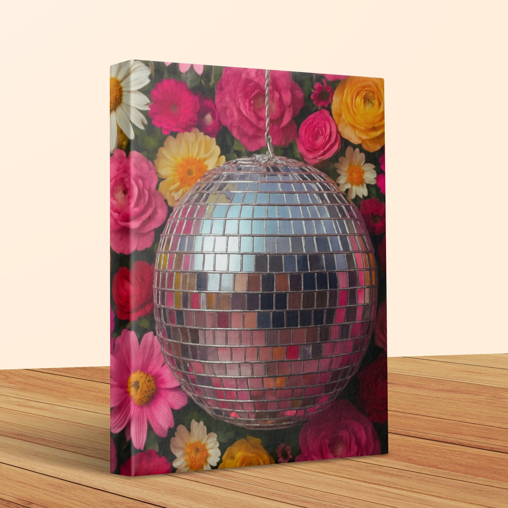 Colorful Floral Background with Disco Ball Canvas Print, Vibrant Home Decor Wall Art