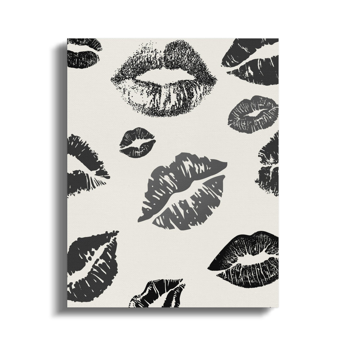 Kiss Print Canvas Art, Black and White Lipstick Marks, Modern Chic Wall Decor, Fashionable Home Accessory