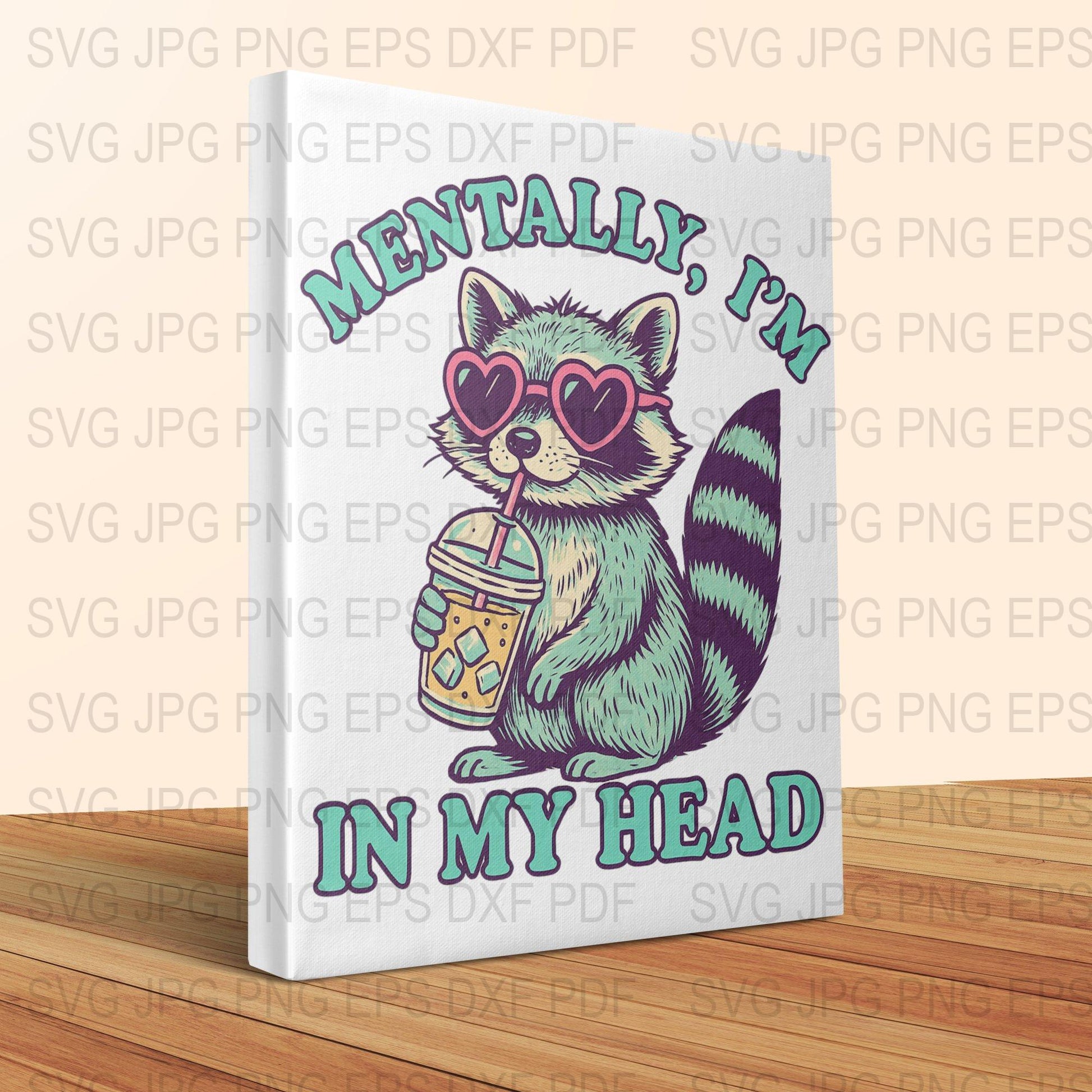 Cute Raccoon Canvas Print, Mentally I'm In My Head, Quirky Animal Wall Art, Illustrated Hipster Raccoon with Coffee, Home Decor