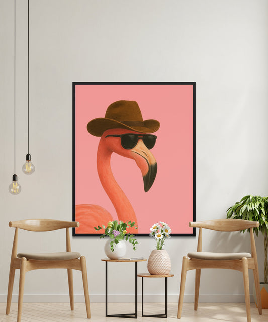 Funky Flamingo Wall Art Print, Cool Bird with Hat and Sunglasses, Trendy Home Decor Poster