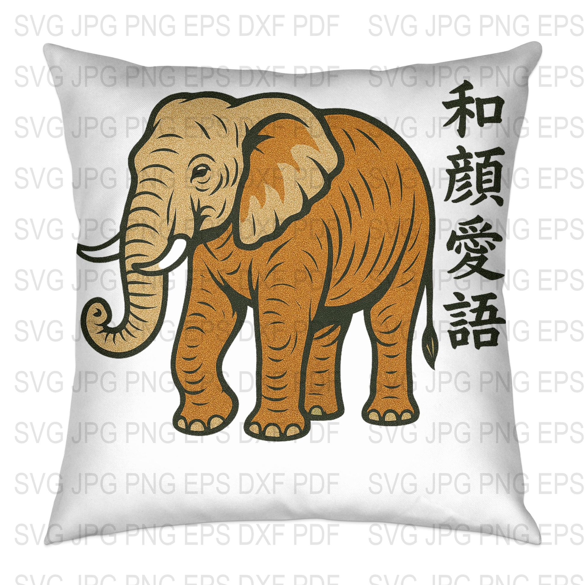 Elephant Graphic Pillow Cover with Asian Calligraphy, Decorative Throw Pillow, Vintage Style Home Decor