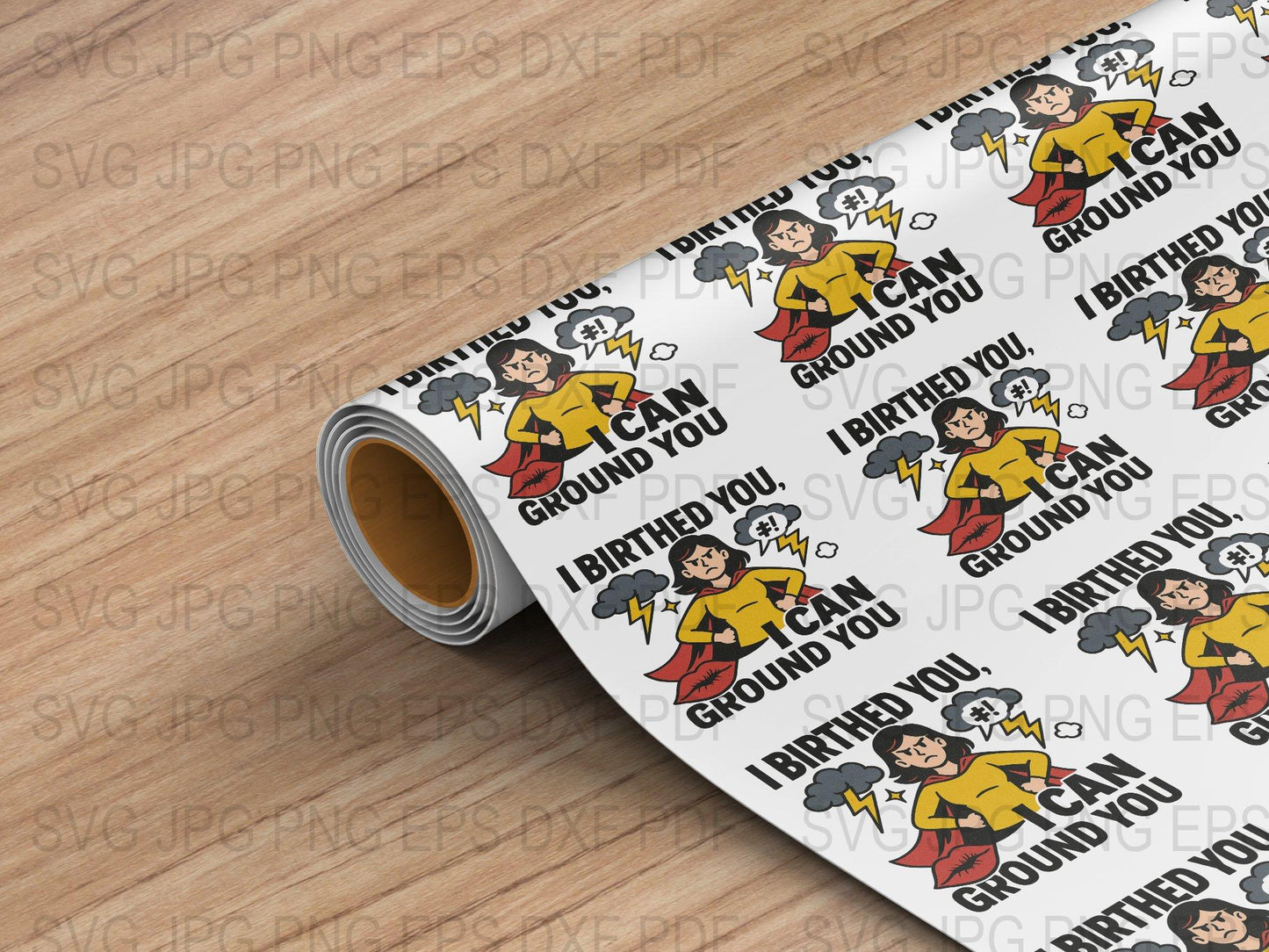 Cartoon Mom Pattern Fabric Roll, 'I Can Ground You' Funny Mother Quotes, DIY Crafting Material