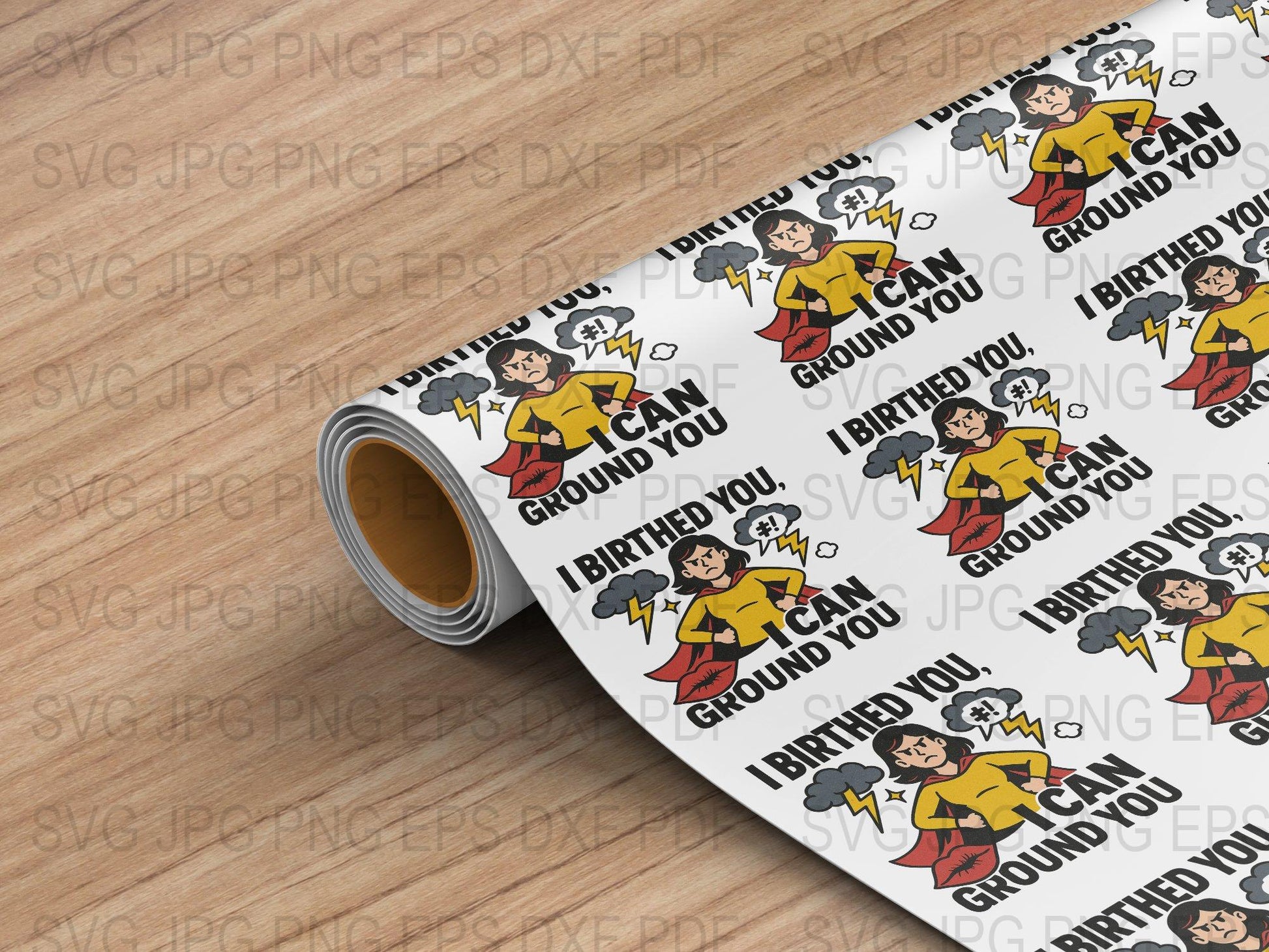 Cartoon Mom Pattern Fabric Roll, 'I Can Ground You' Funny Mother Quotes, DIY Crafting Material