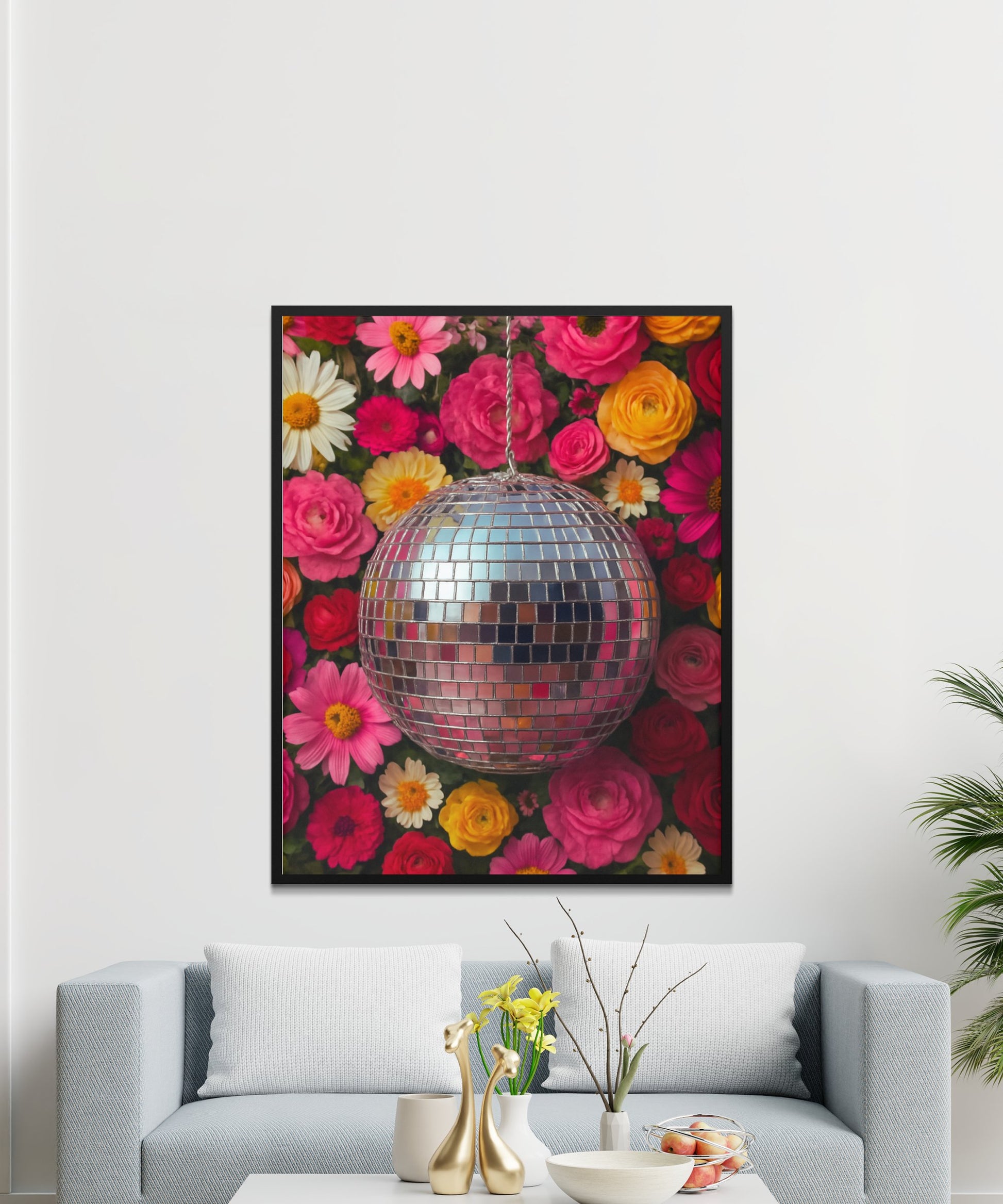 Colorful Floral Disco Ball Canvas Print, Vibrant Wall Art, Modern Home Decor, Unique Flower Poster, Living Room Artwork
