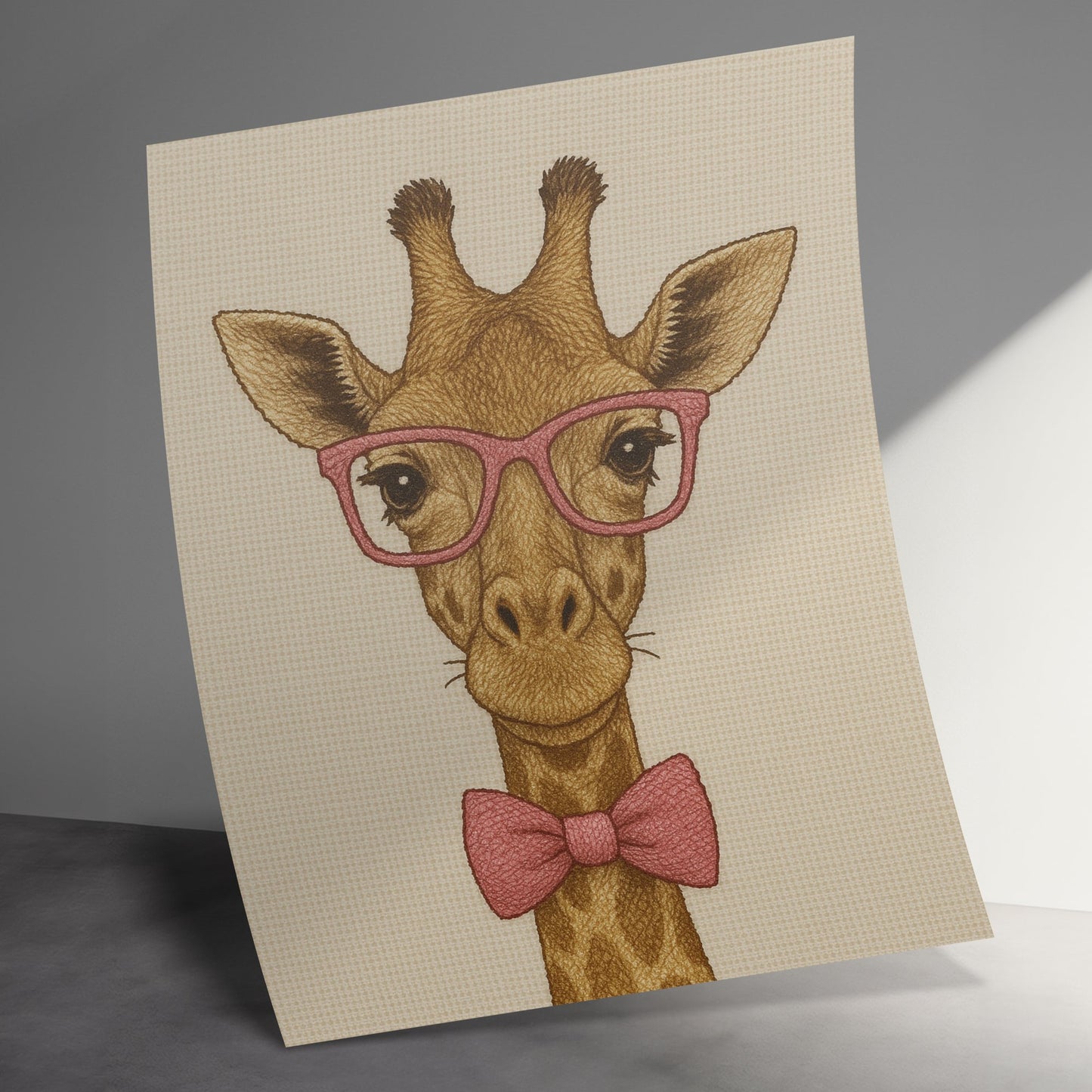 Cute Giraffe Art Print with Pink Glasses and Bow Tie, Whimsical Animal Wall Decor for Nursery or Office