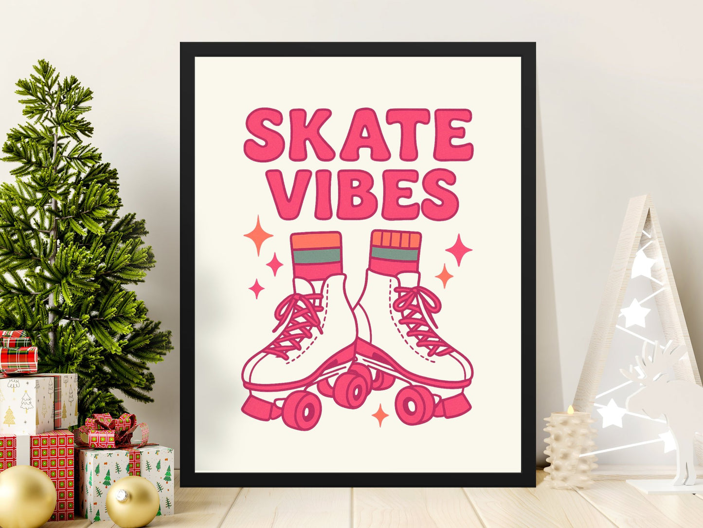 Skate Vibes Poster, Pink Retro Roller Skates Print, Fun Home Decor Wall Art, Trendy Gift Idea for Skaters