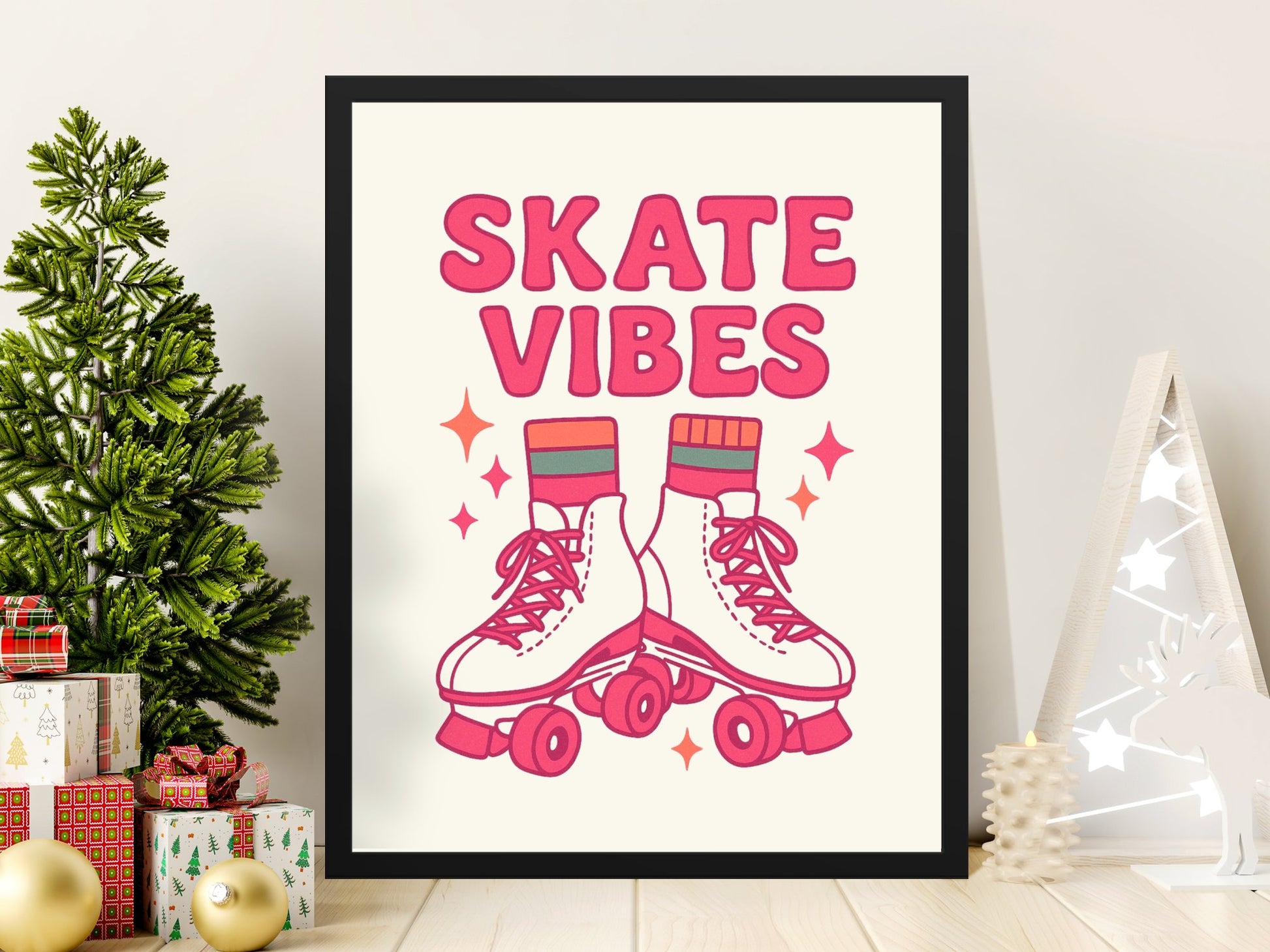 Skate Vibes Poster, Pink Retro Roller Skates Print, Fun Home Decor Wall Art, Trendy Gift Idea for Skaters