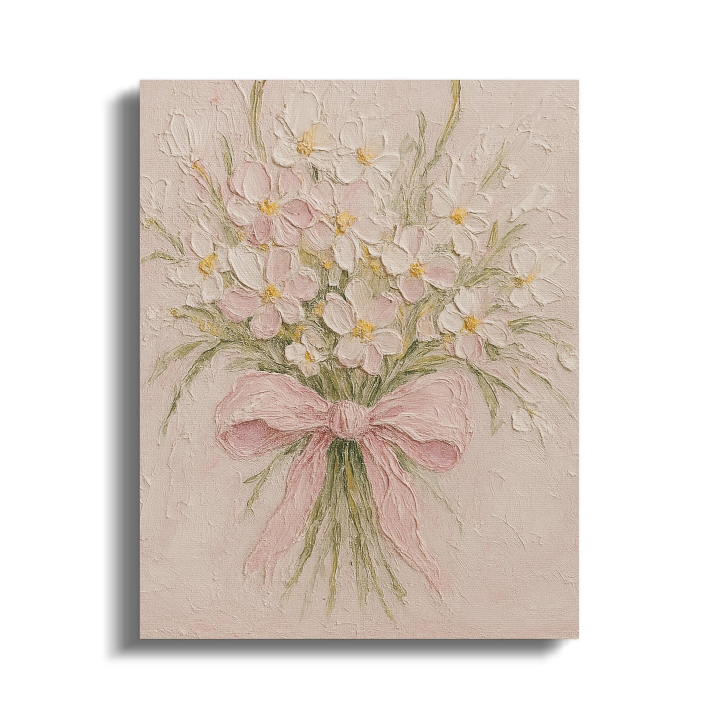 Vintage Floral Canvas Art, White Blossoms Painting with Pink Bow, Romantic Wall Decor, Shabby Chic Home Decoration