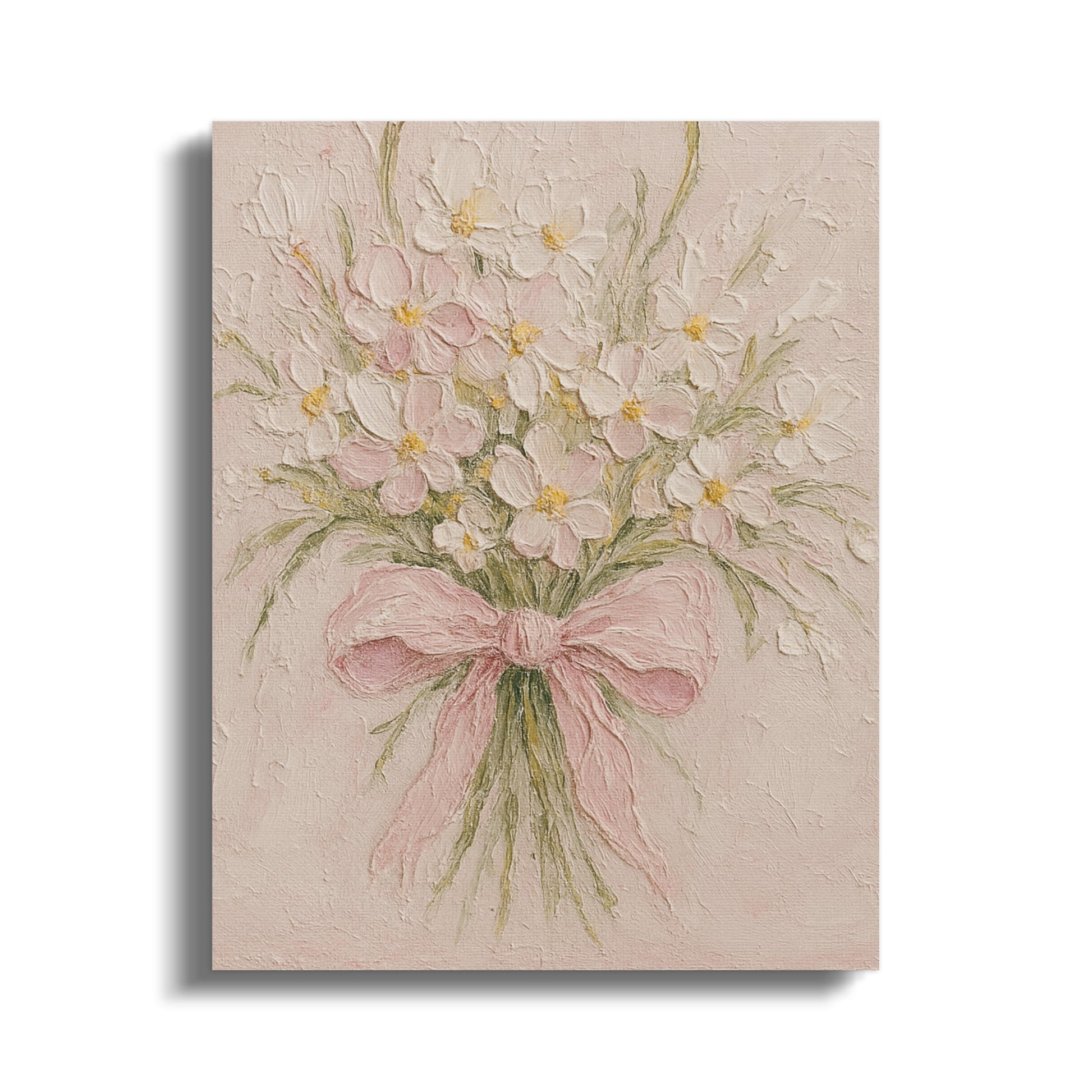 Vintage Floral Canvas Art, White Blossoms Painting with Pink Bow, Romantic Wall Decor, Shabby Chic Home Decoration