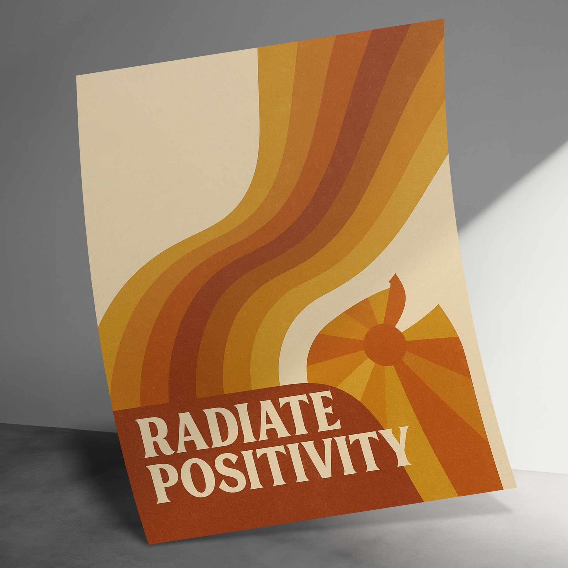 Radiate Positivity Poster, Vintage Waves Design, Retro Office Decor, Inspirational Wall Art, Brown and Orange Color Palette