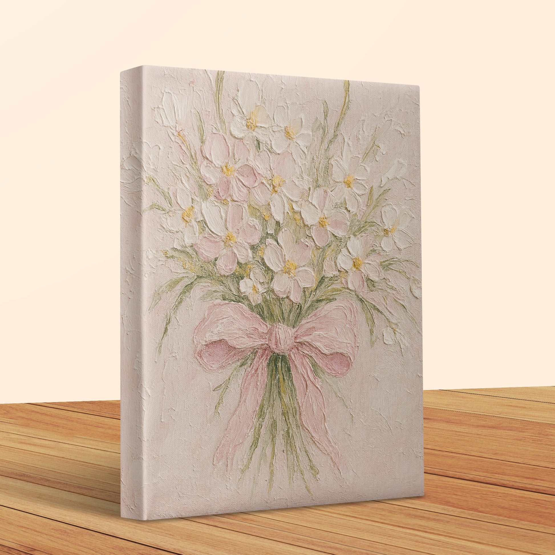 Hand-Painted Floral Canvas Art, Textured Wall Decor, Pink Bow, Spring Flowers, Vintage Style Home Decoration
