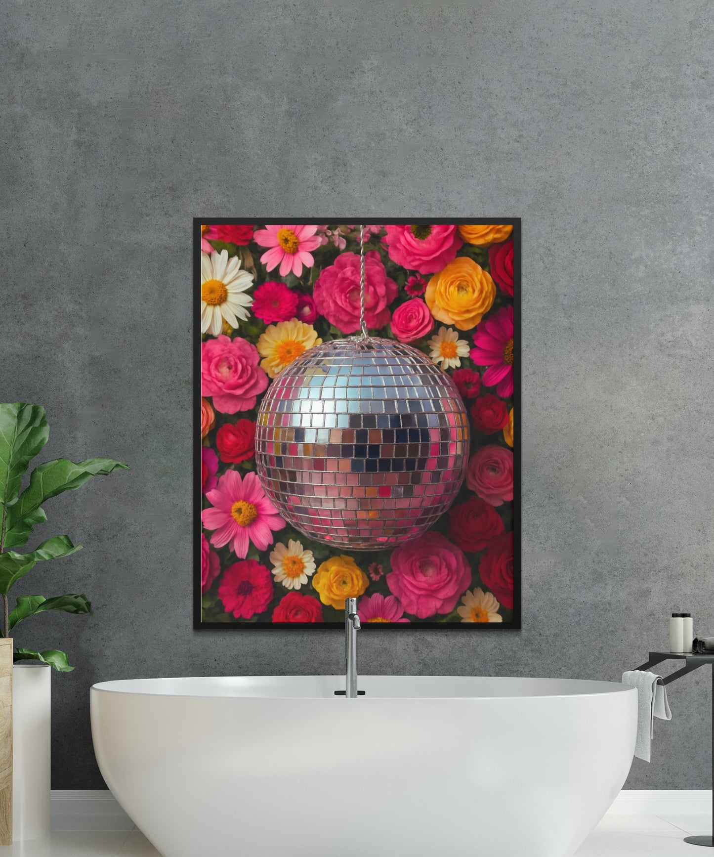 Colorful Floral and Disco Ball Art Print, Modern Wall Decor, Vibrant Flower Poster