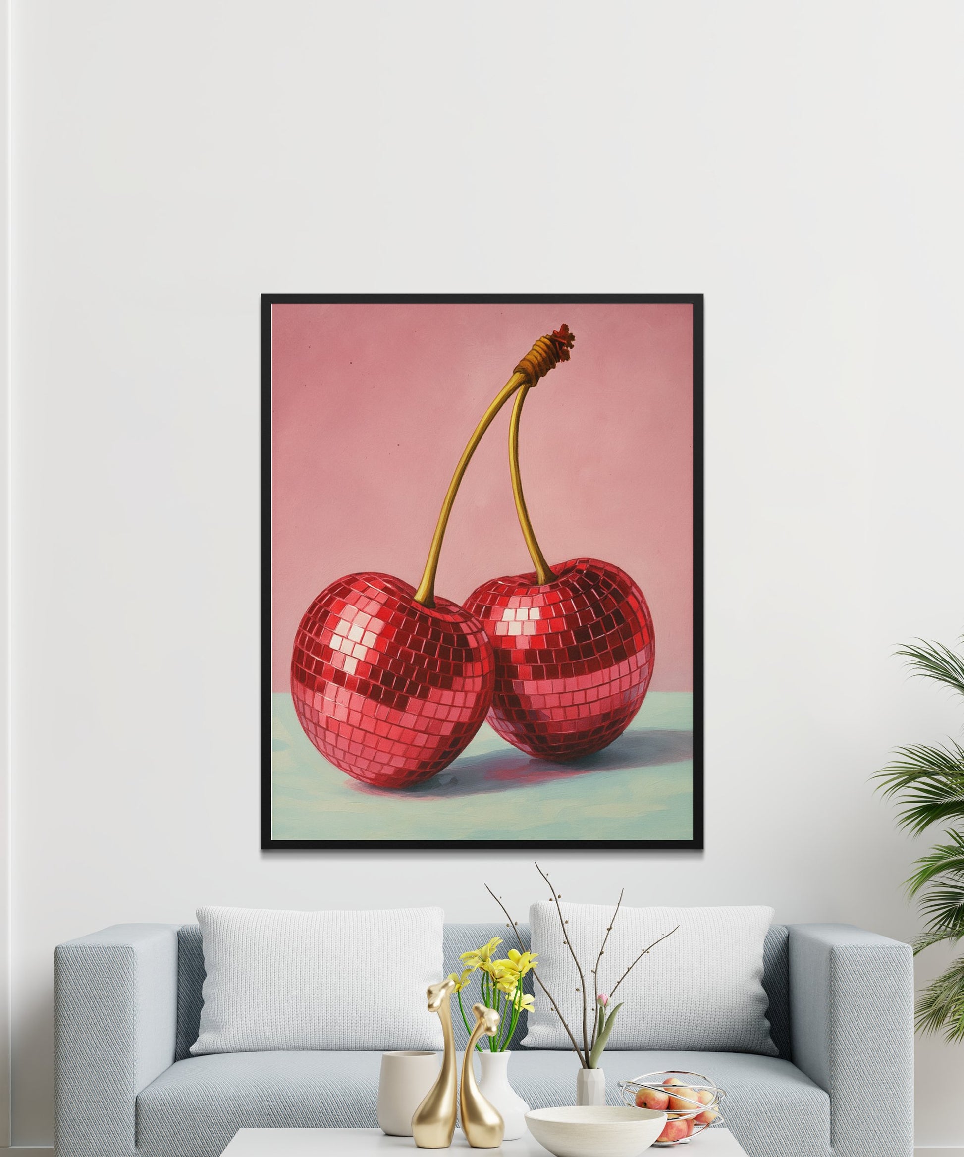 Modern Cherry Art Print, Disco Ball Fruit Wall Decor, Glossy Red Kitchen Artwork, Unique Living Room Poster