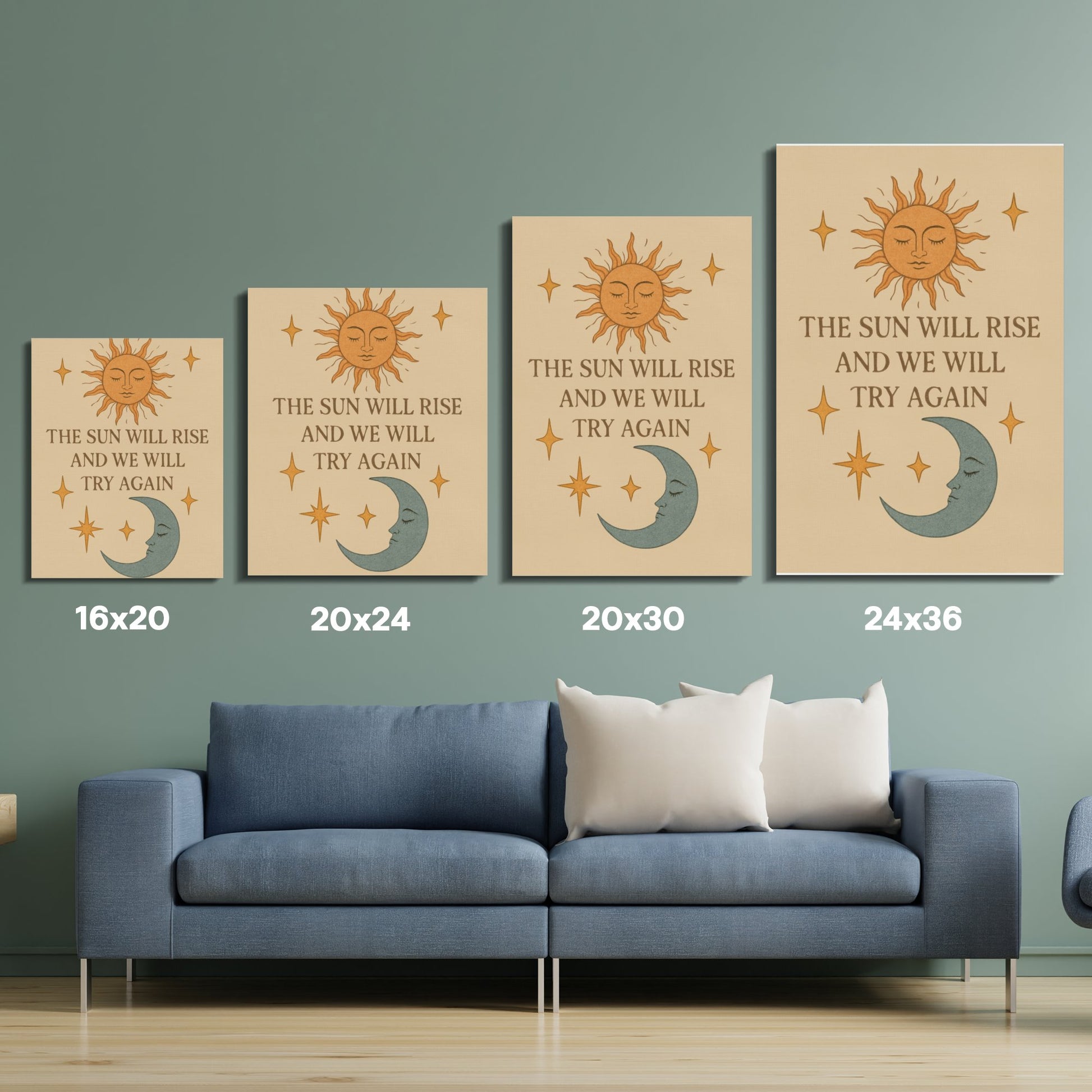 Sun and Moon Wall Art Prints, Inspirational Quotes, Home Decor Set, Large Canvas Sizes Available