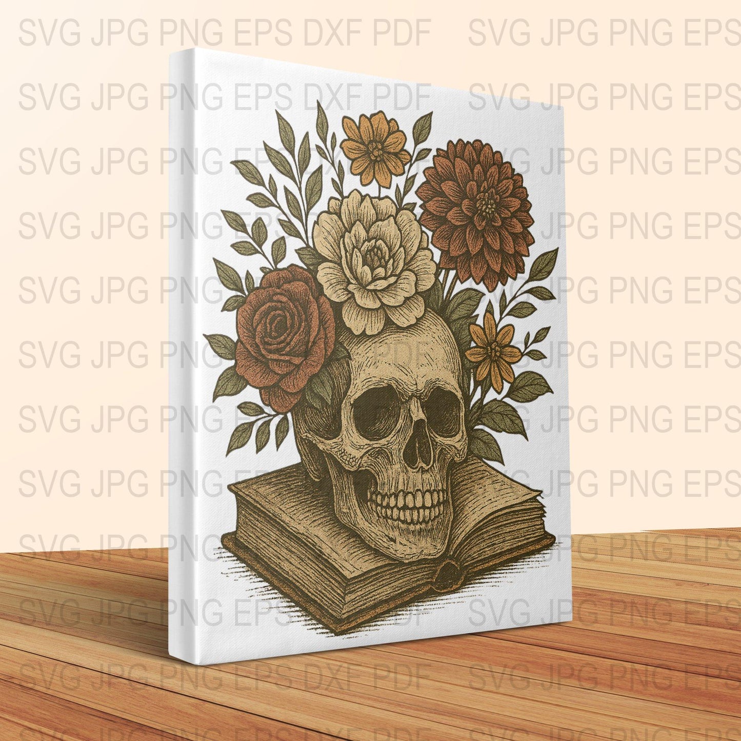 Skull and Flowers Art Print, Vintage Gothic Home Decor, Floral Skeleton Illustration, Old Book Aesthetic Canvas