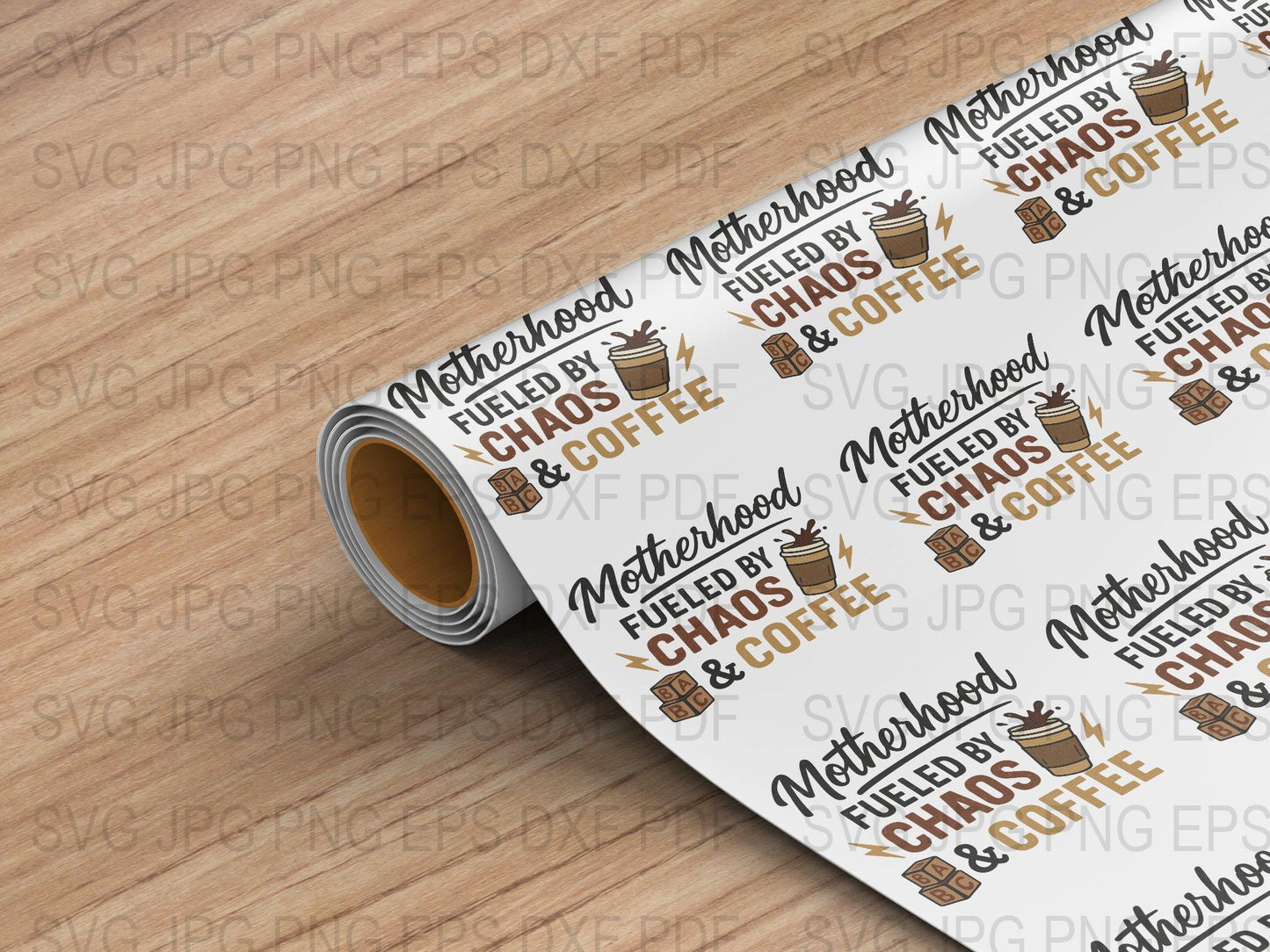 Motherhood Fueled by Coffee Chaos Vinyl Roll, Crafting Supplies for DIY Projects, Gift Wrap with Quotes