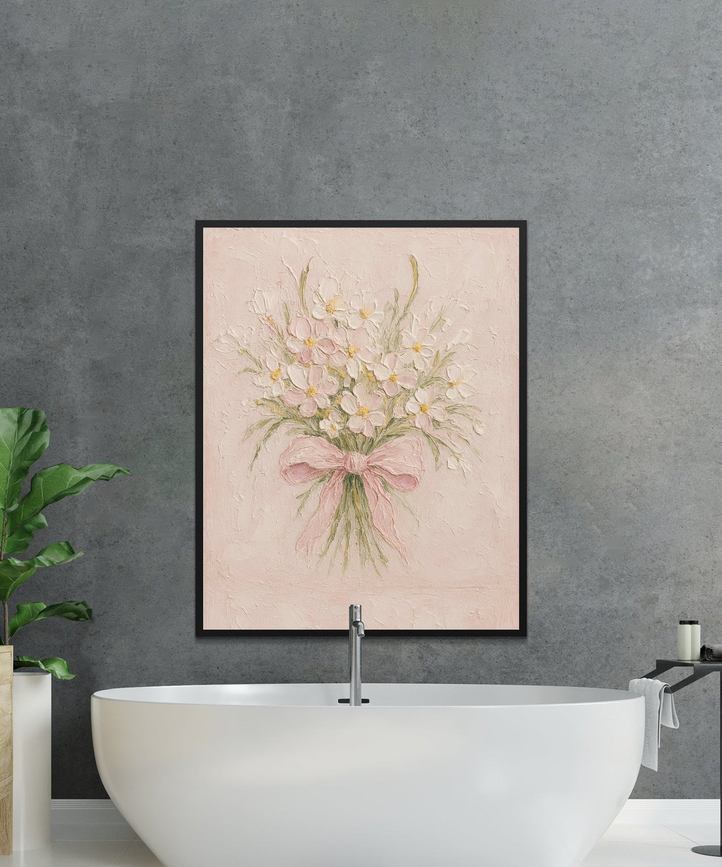 Floral Bouquet Wall Art, Pink White Flowers Painting, Elegant Home Decor Canvas, Modern Bathroom Wall Hanging