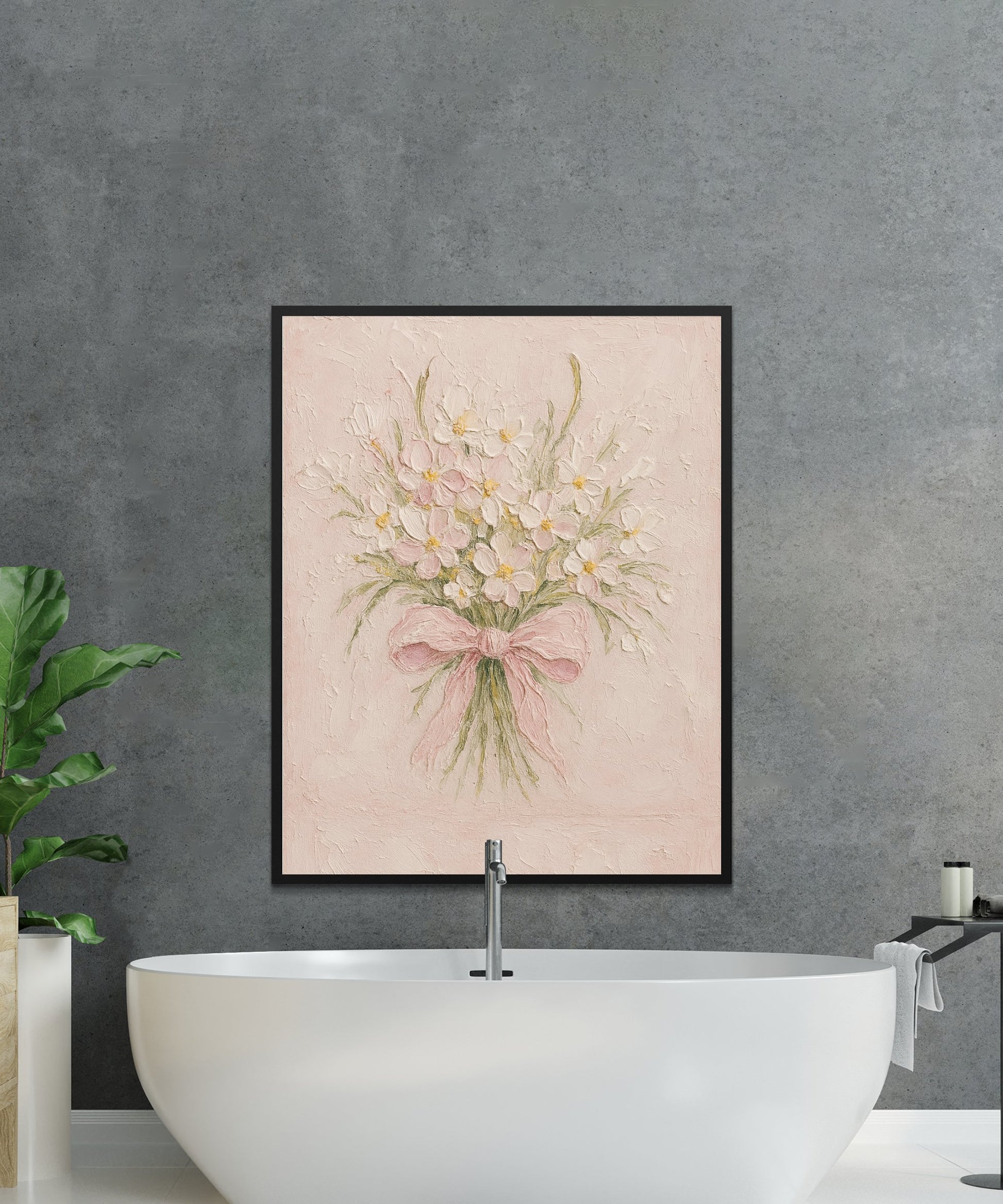Floral Bouquet Wall Art, Pink White Flowers Painting, Elegant Home Decor Canvas, Modern Bathroom Wall Hanging
