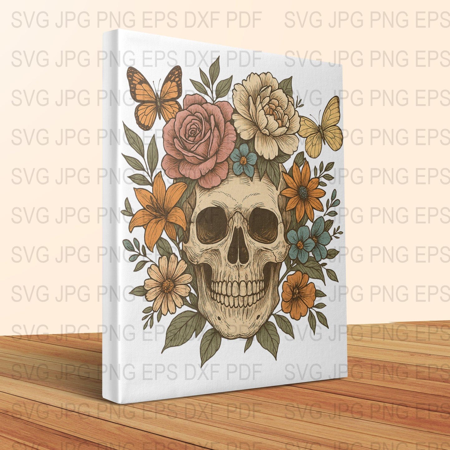 Skull and Floral Art Print, Botanical Skull Wall Decor, Vintage Style Halloween Decorations, Boho Chic Home Art