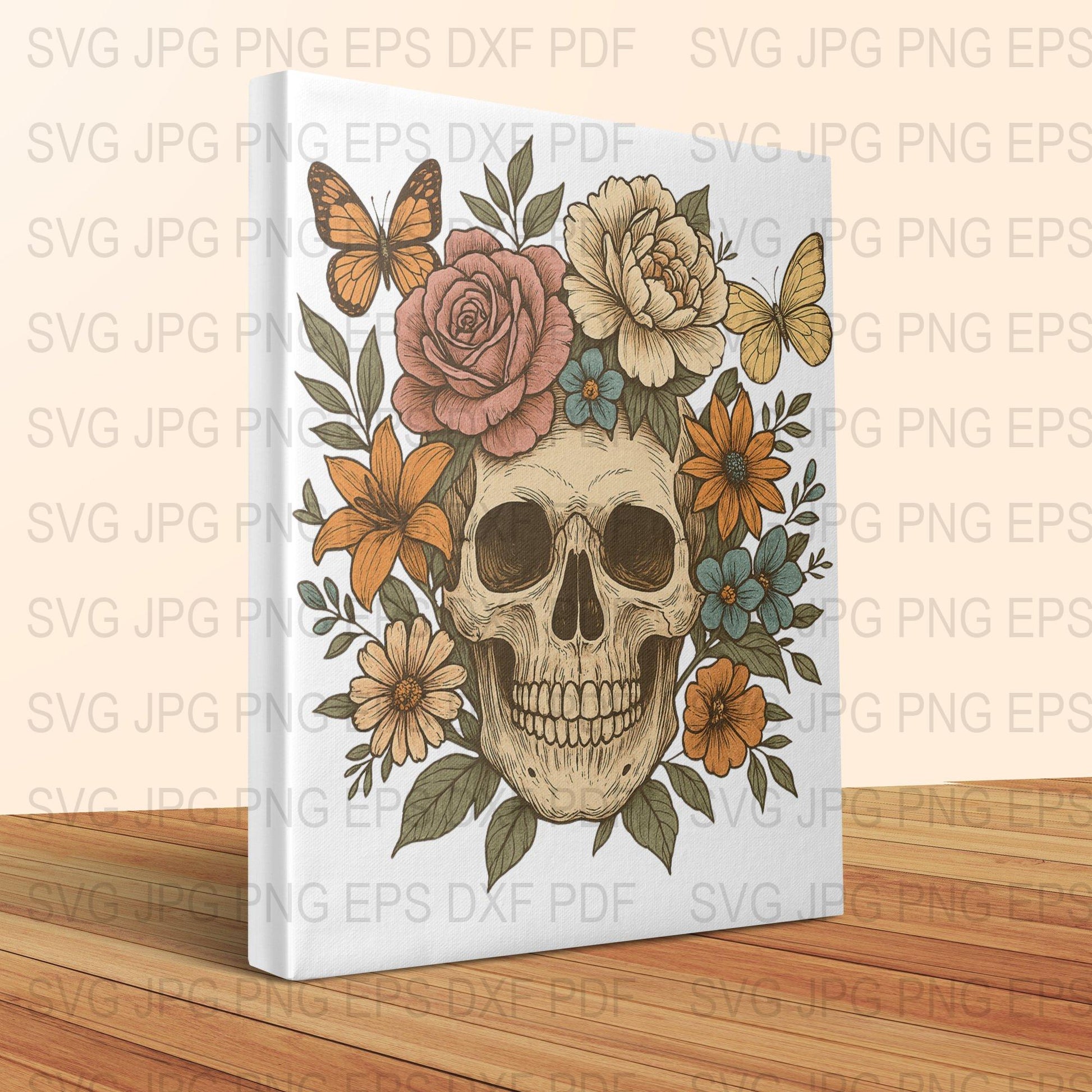 Skull and Floral Art Print, Botanical Skull Wall Decor, Vintage Style Halloween Decorations, Boho Chic Home Art