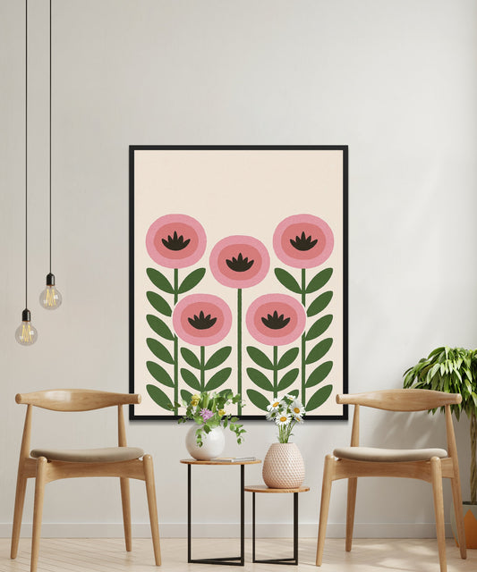 Modern Floral Wall Art Print, Pink and Green Flowers, Minimalist Home Decor, Scandinavian Style Artwork