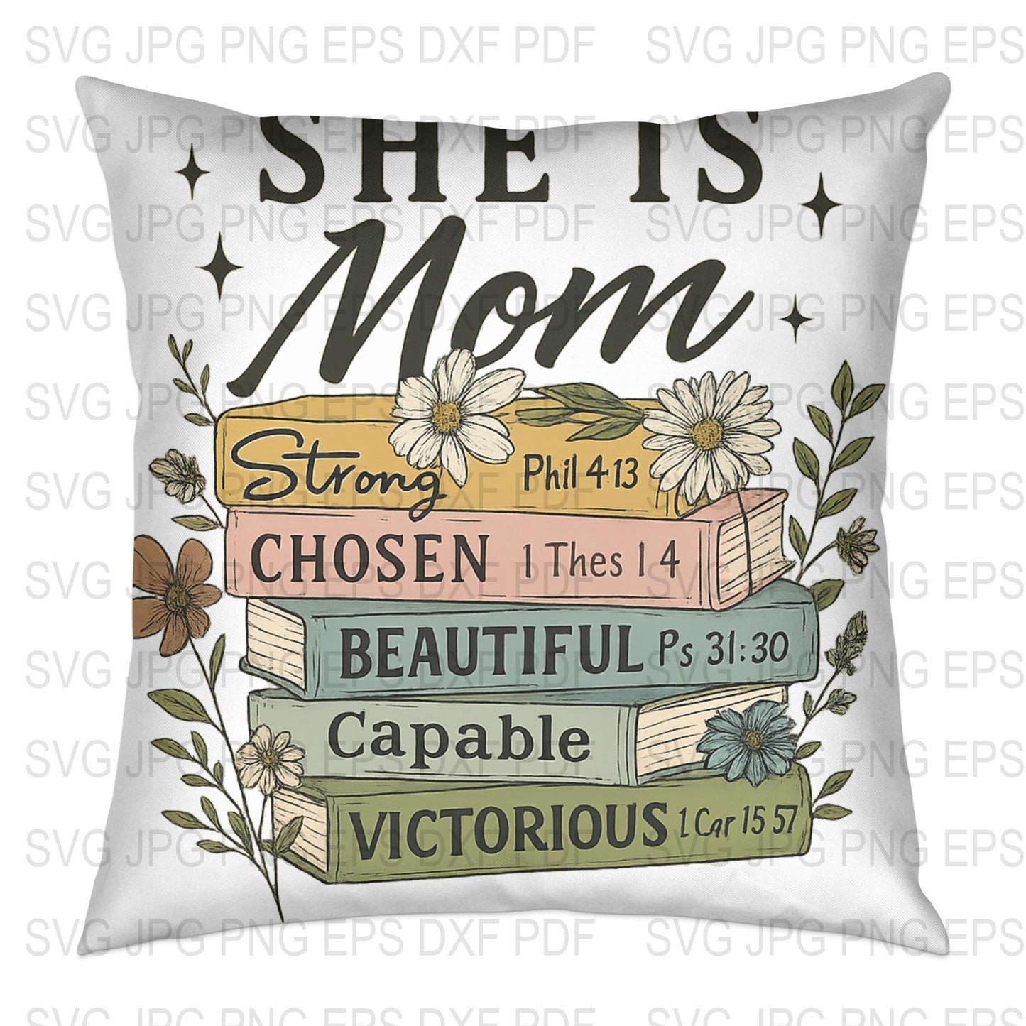 Inspirational Christian Mom Pillow Cover, Strong Chosen Beautiful Victorious, Floral Bible Verse Home Decor Gift