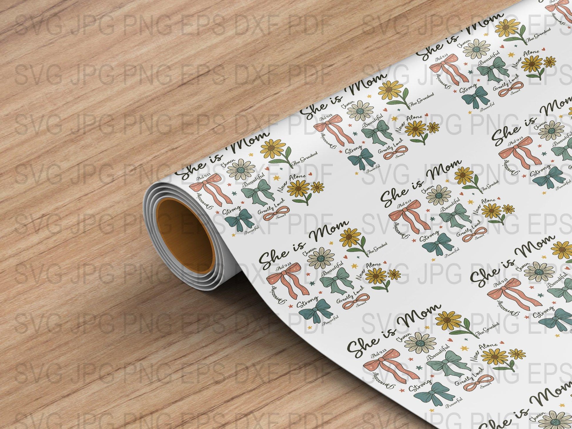 Floral Mother's Day Craft Vinyl, She Is Strong Mom Quote Pattern, Green and White, Gift Wrapping Paper, Decal Material, DIY Projects