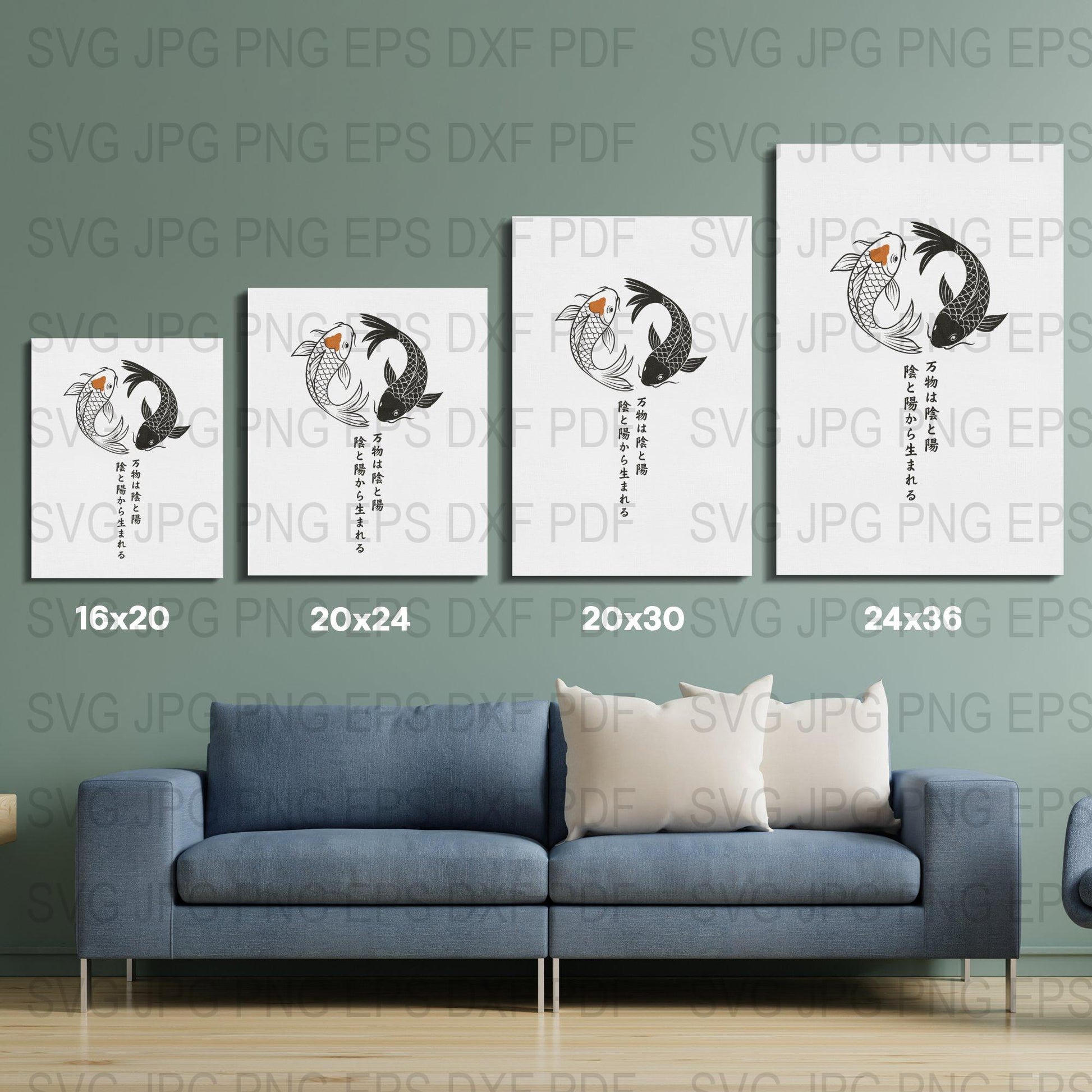 Japanese Koi Fish Art Prints Set, Minimalist Wall Decor, Modern Home Living Room, Zen Style Poster, Digital Download Files