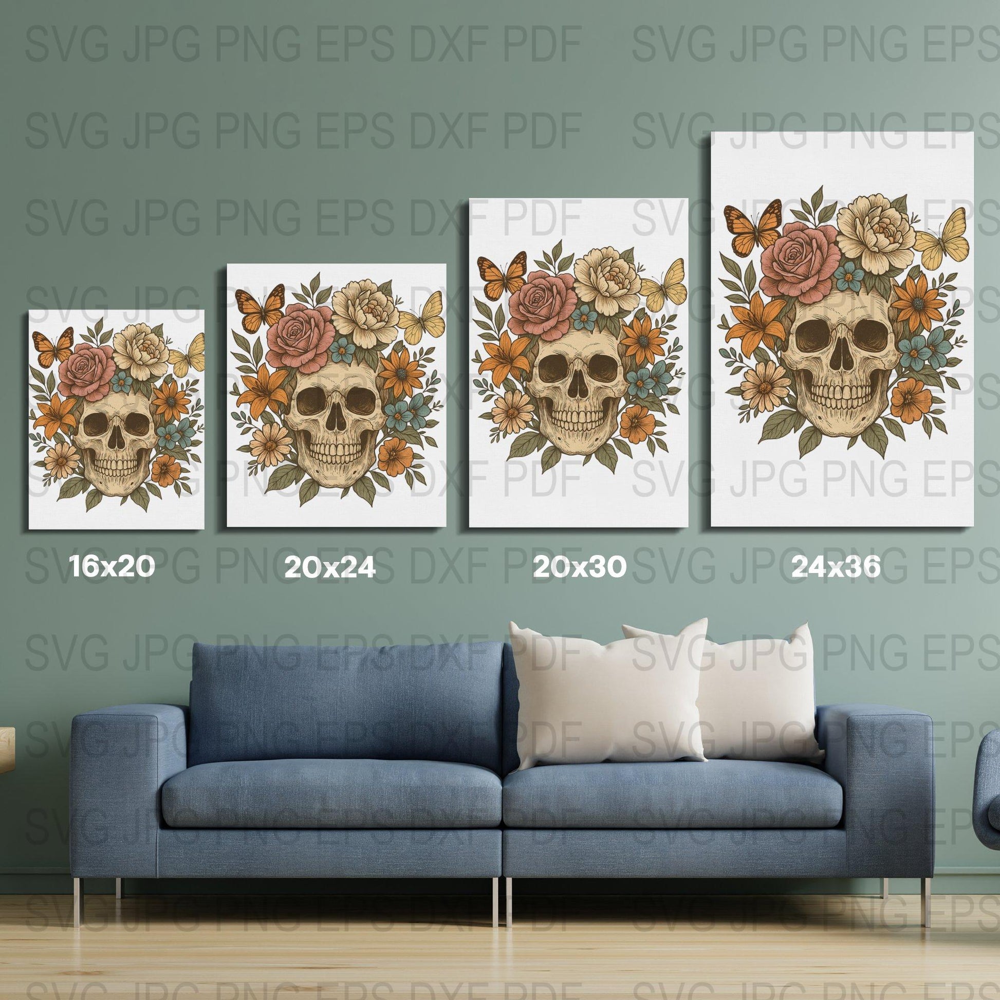 Floral Skull Art Prints Set of 3, Boho Chic Wall Decor, Vintage Skull Illustration, Home Decoration, Living Room Wall Art, Digital Download