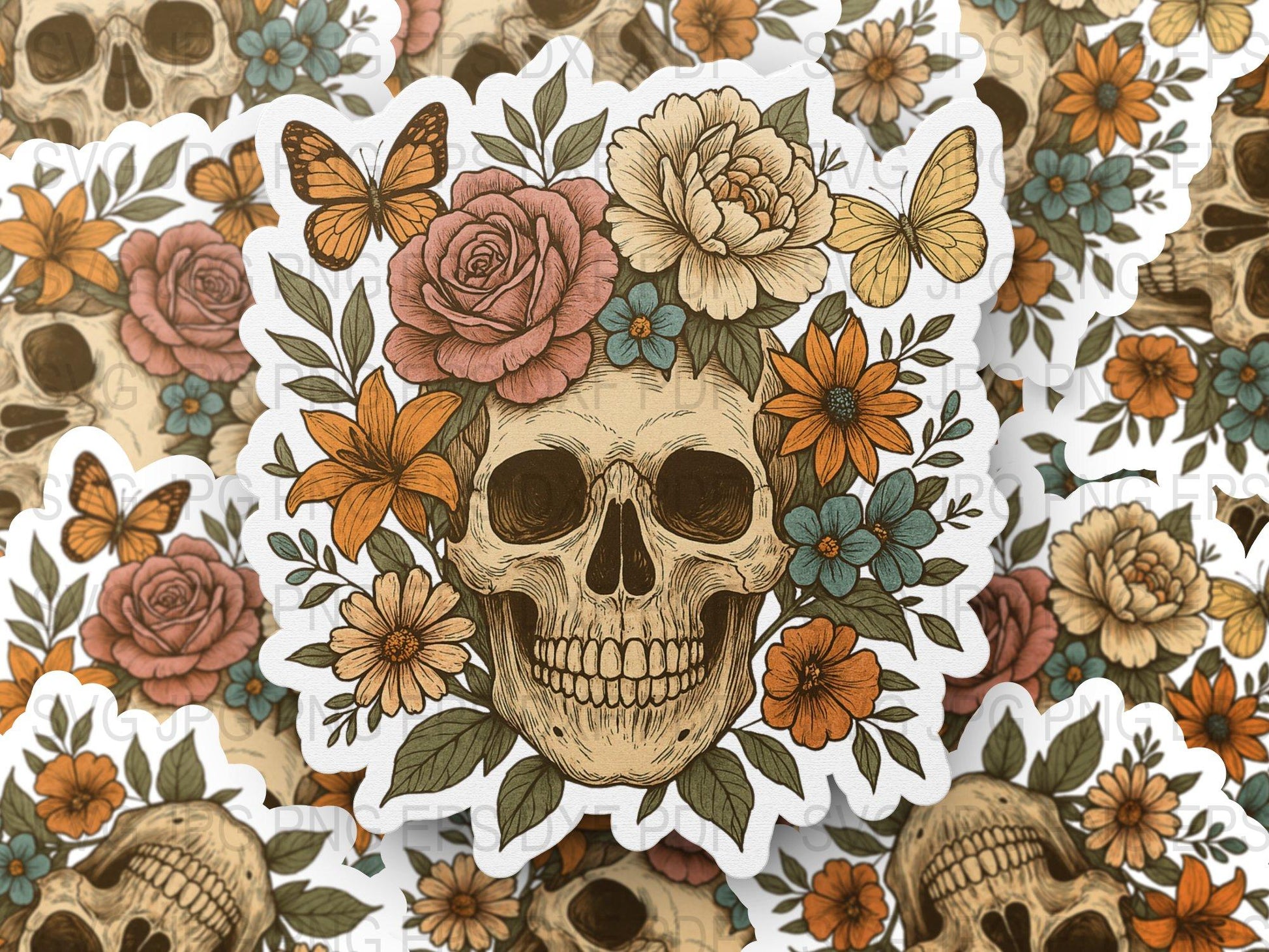 Floral Skull Stickers, Die-Cut Vinyl Decals, Rose and Butterfly, Gothic Home Decor, Laptop and Journal Stickers, Halloween Theme Decor