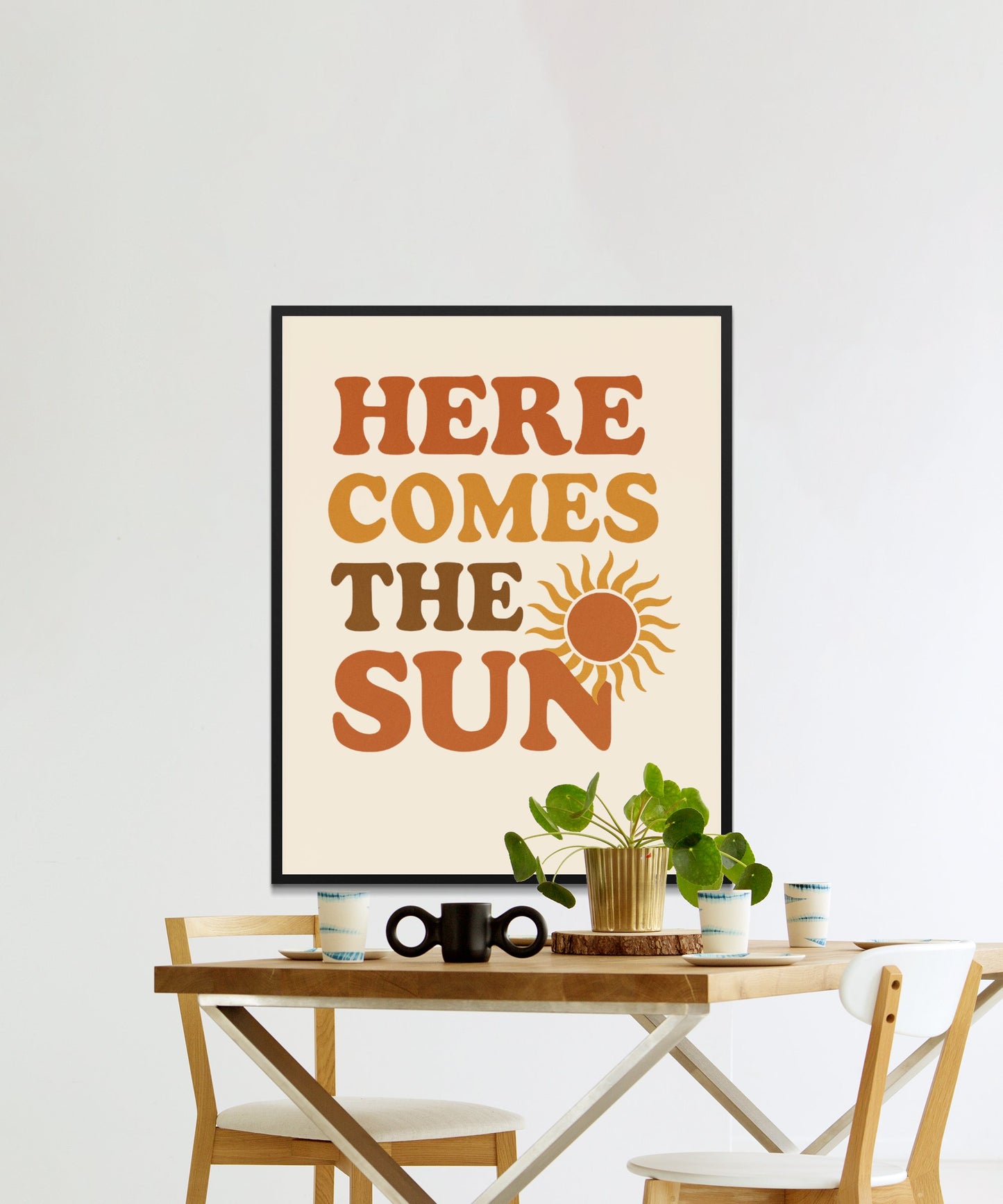 Here Comes the Sun Wall Art Print, Vintage Style Sun Poster, Minimalist Home Decor, Retro Sunburst Artwork for Living Room or Office